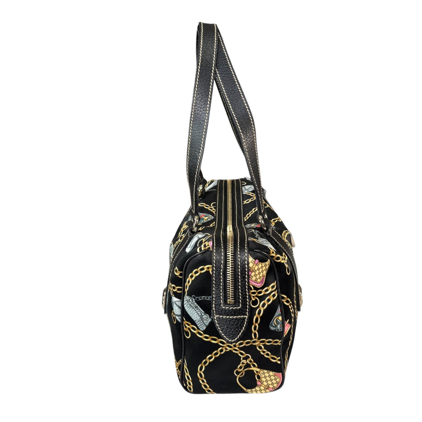 Gucci Black Satin Leather Boston Charm Motif Jackie / HorseBit Chain