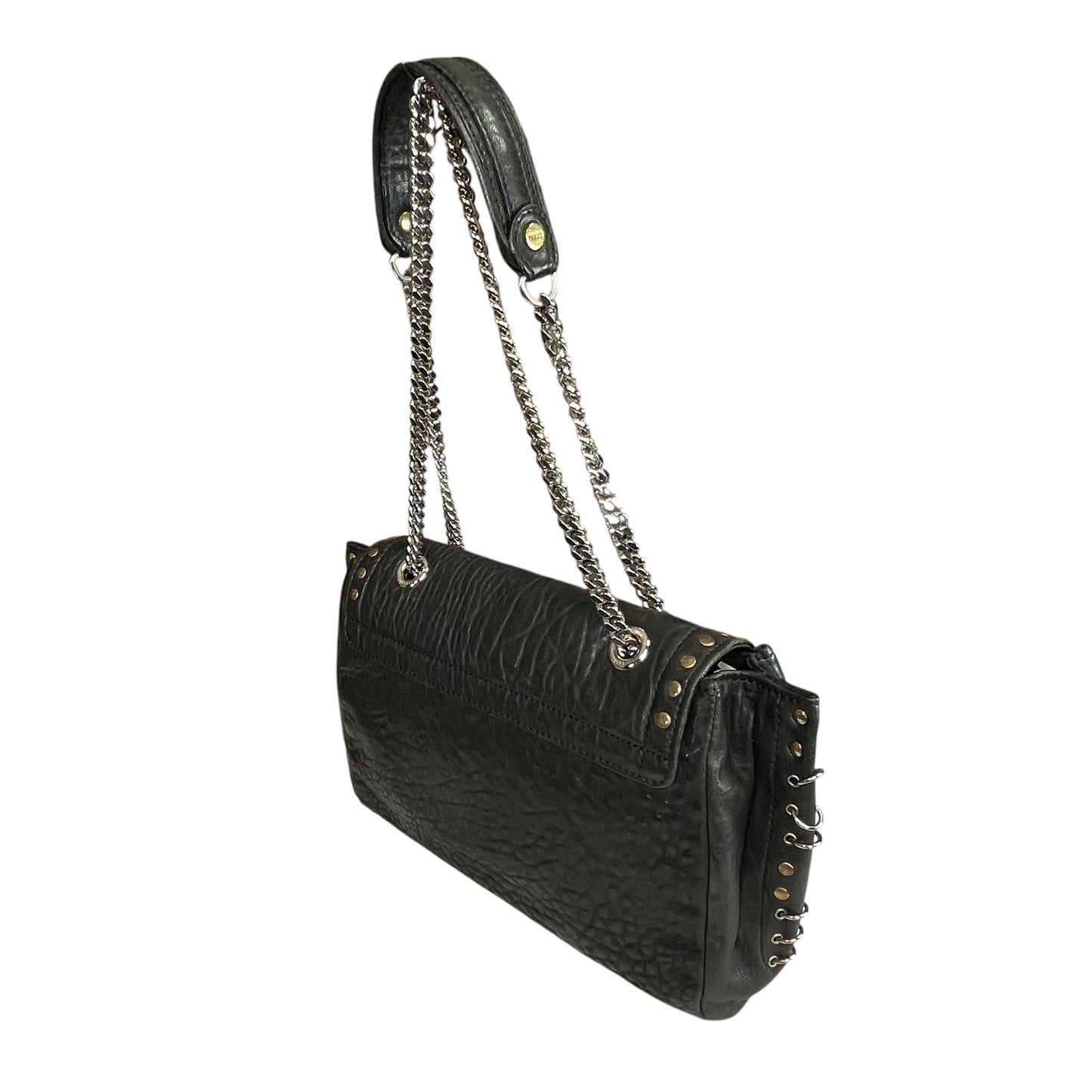 Emilio Pucci Pierced Studded Flap Black Aged Cowhide Silver Gold 2-Way Shoulder Bag