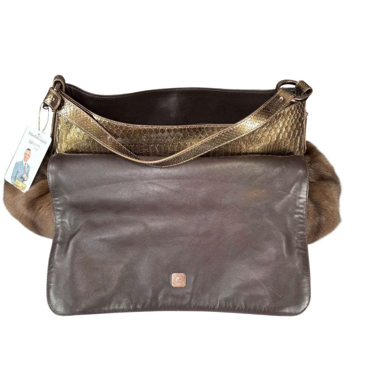 Fendi Y2K Chef Brown XL Rabbit Embossed Snake Metallic Leather Shoulder Purse