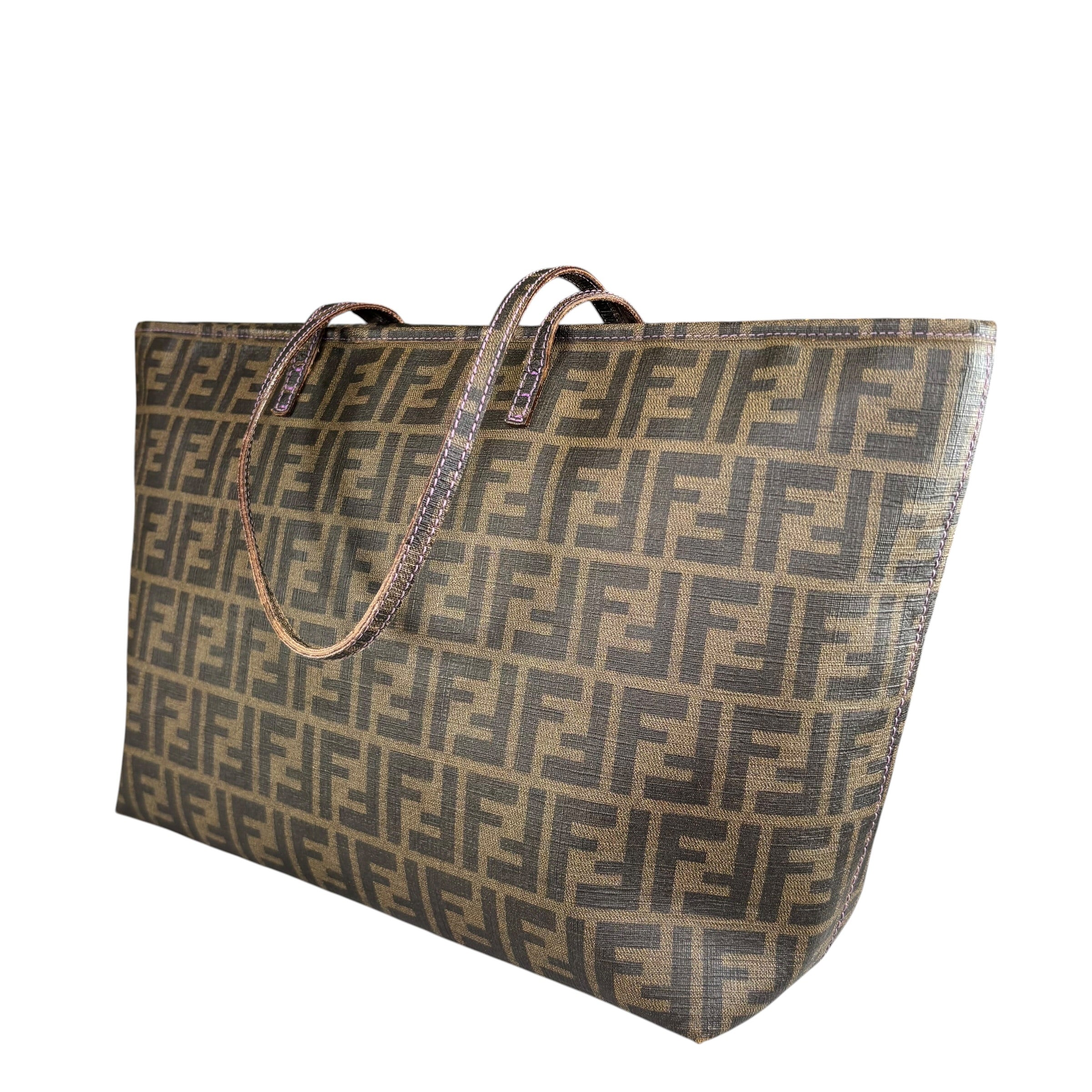 Fendi Spalmati Zucca Coated Canvas Brown / Black Zip Shoulder Tote