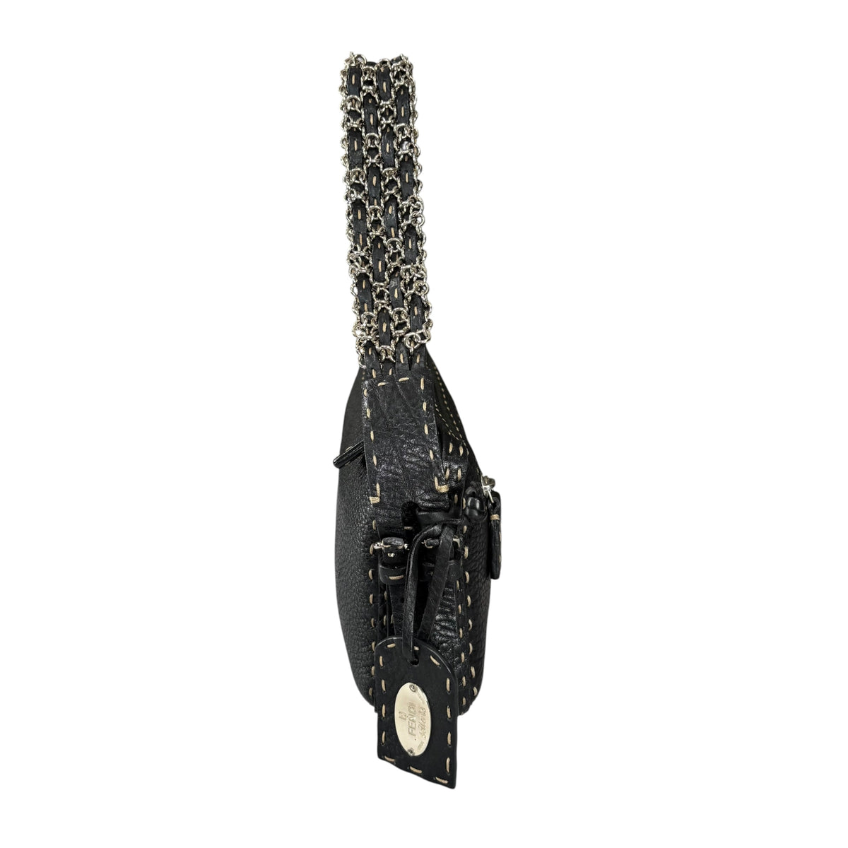 Fendi Selleria Baguette Black Leather Sterling Mesh Chain Purse