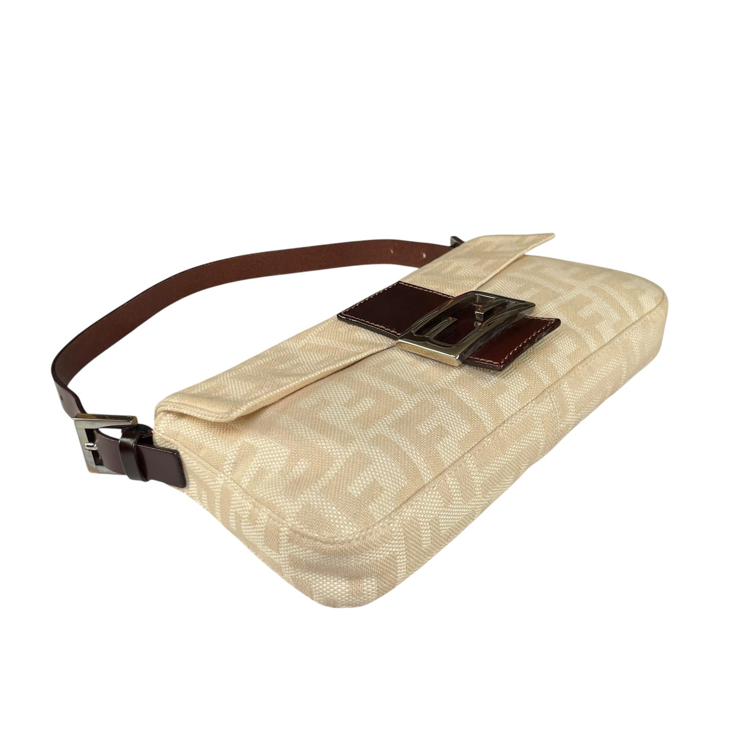 Fendi Baguette Y2K Zucca Monogram Cream Brown Fabric Leather Shoulder Purse