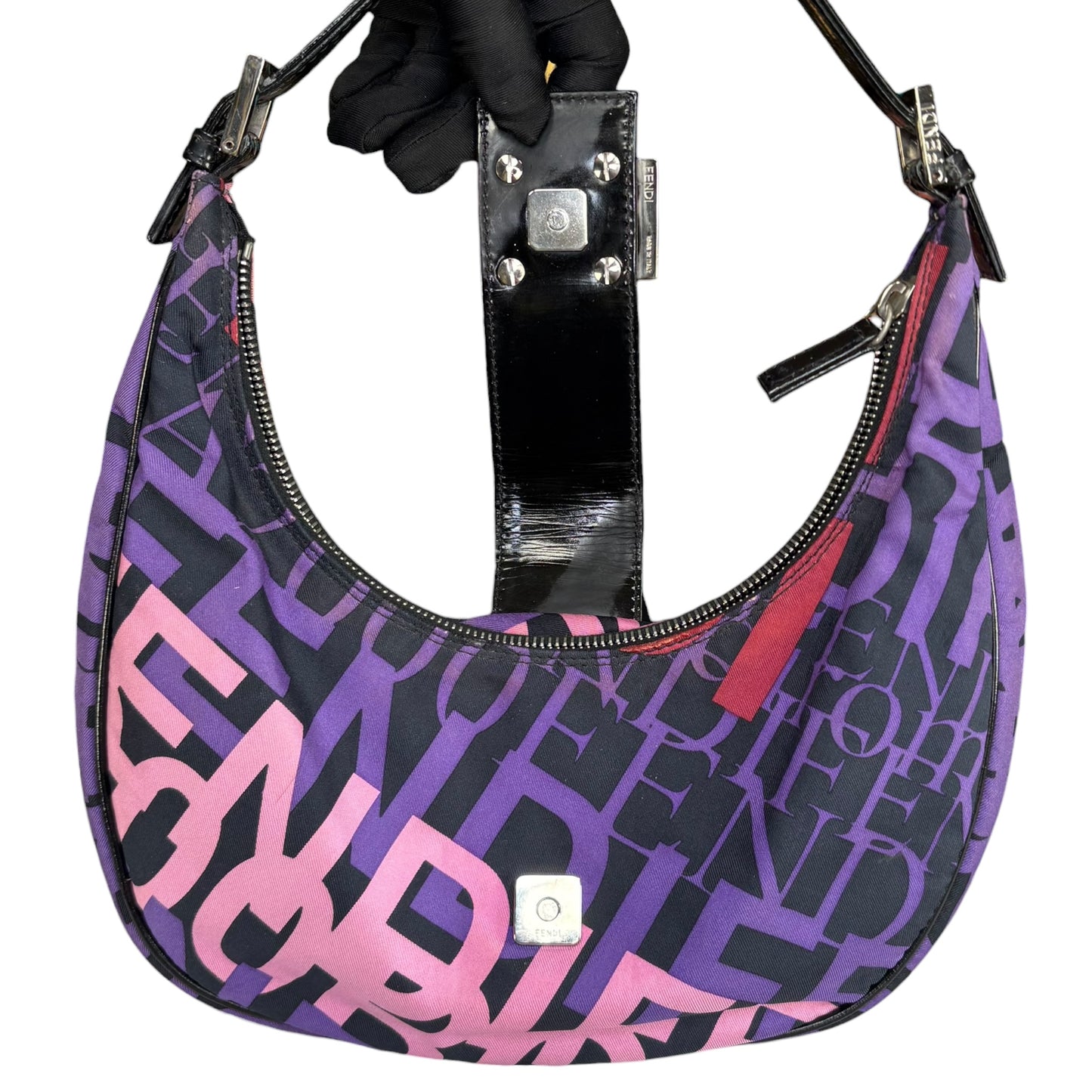 Fendi Y2K Baguette Crescent Graffiti Purple Pink Canvas Patent Leather Purse