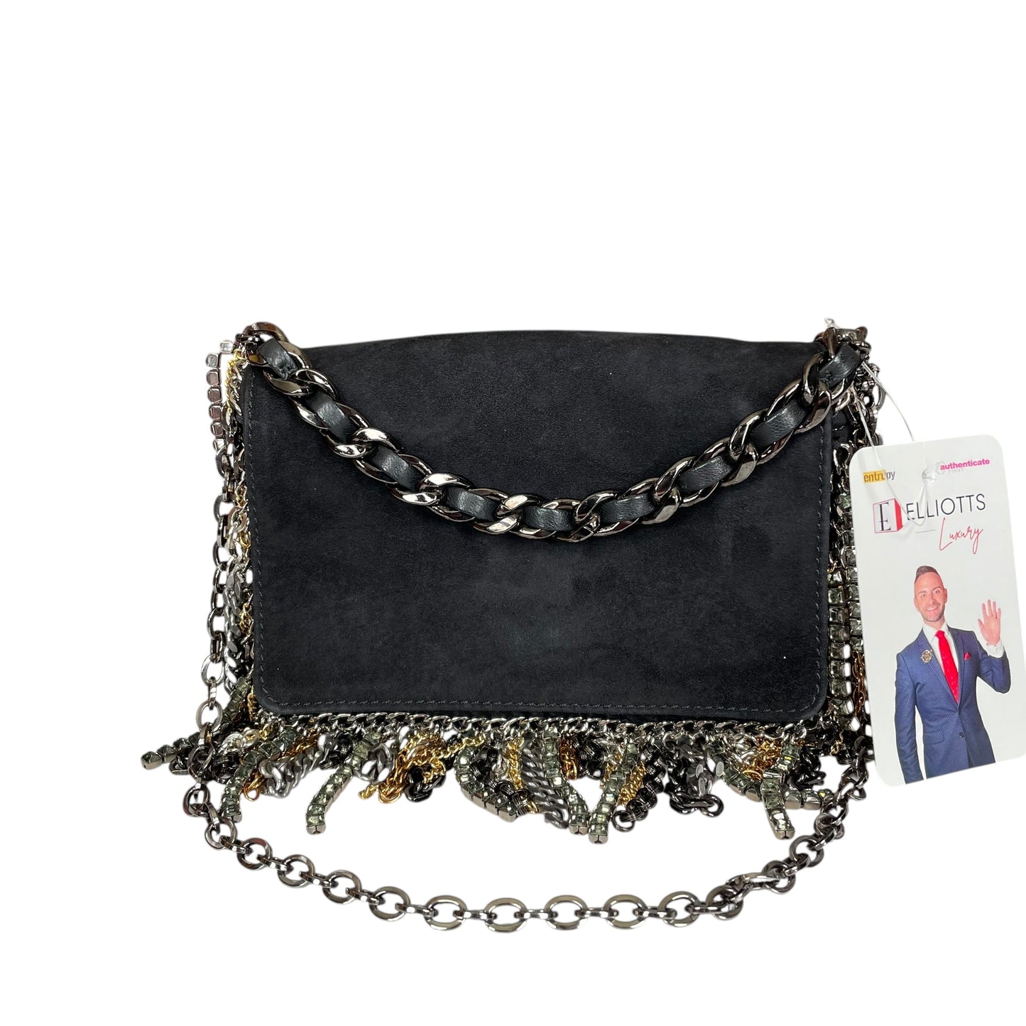 Jimmy Choo  Mini Black Suede Mixed Chain Rhinestone Fringe Hardware 2-Way Clutch Shoulder Purse