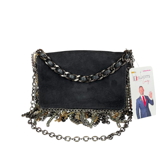 Jimmy Choo  Mini Black Suede Mixed Chain Rhinestone Fringe Hardware 2-Way Clutch Shoulder Purse