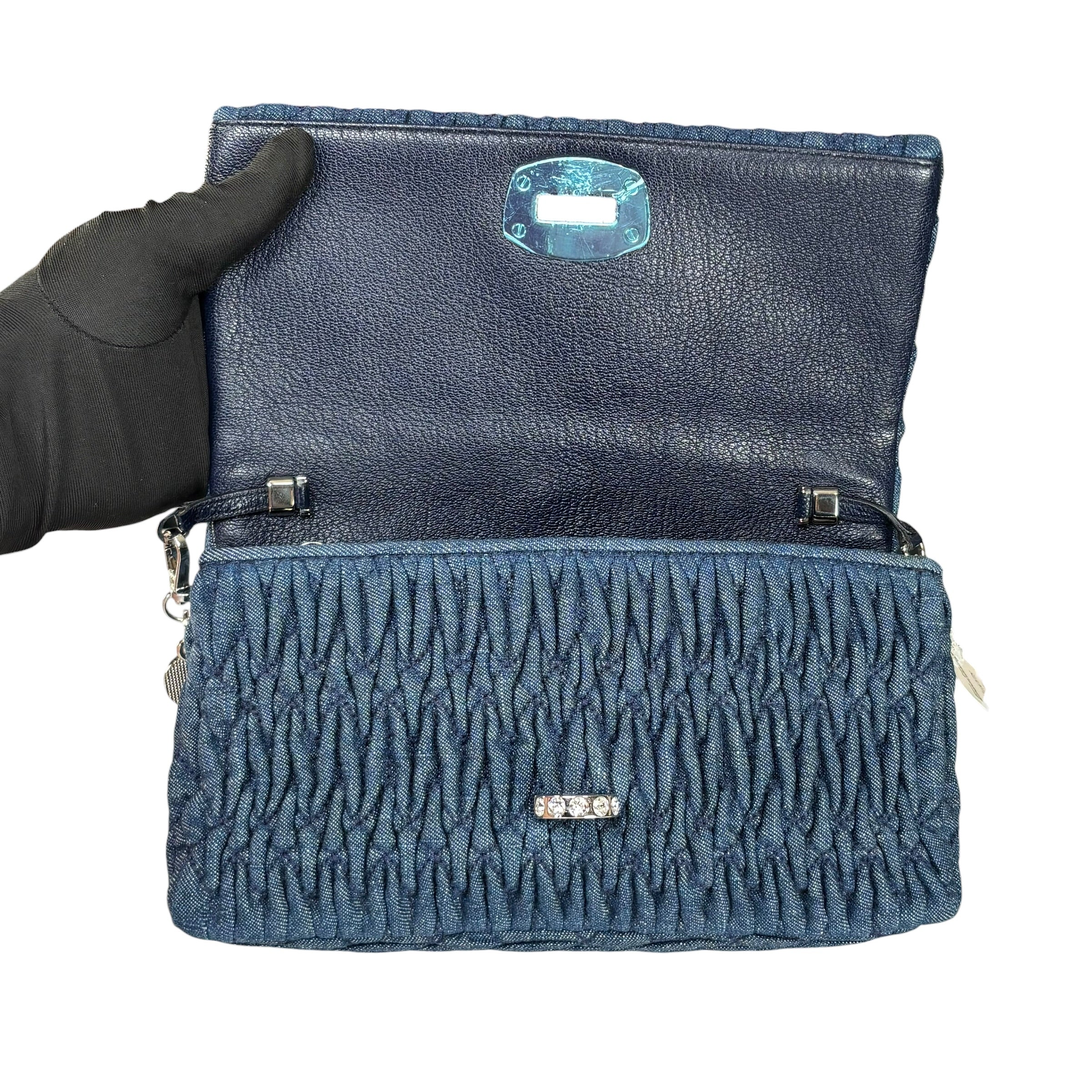 バッグ Miu Miu Logo Denim 2way Shoulder Bag Miu Miu Crystal SHW Encrusted Denim 2-Way Crossbody Flap Turn-Lock