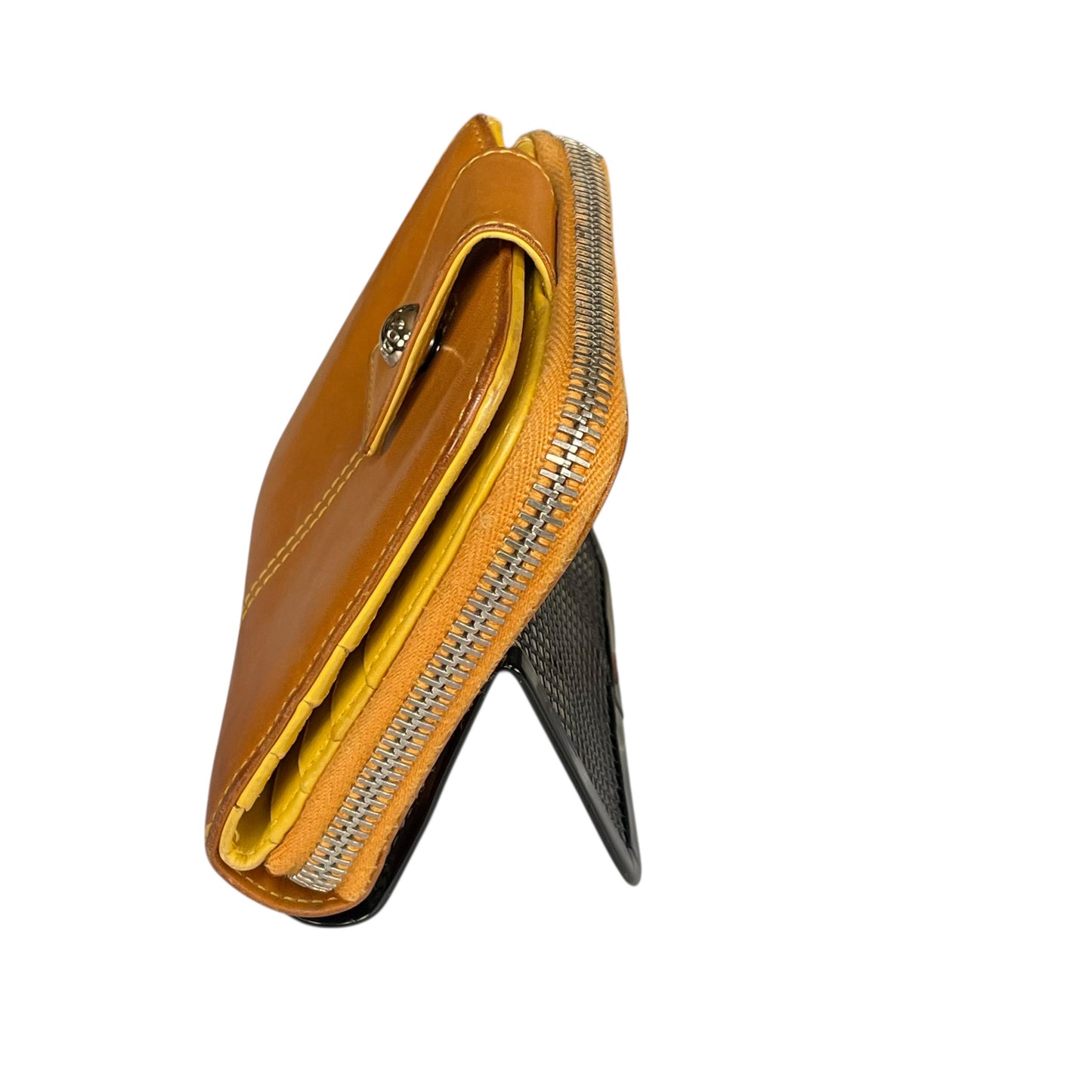 TOD’s Italian Leather Brown / Yellow SHW Snap Tab Zip Around Compact Wallet