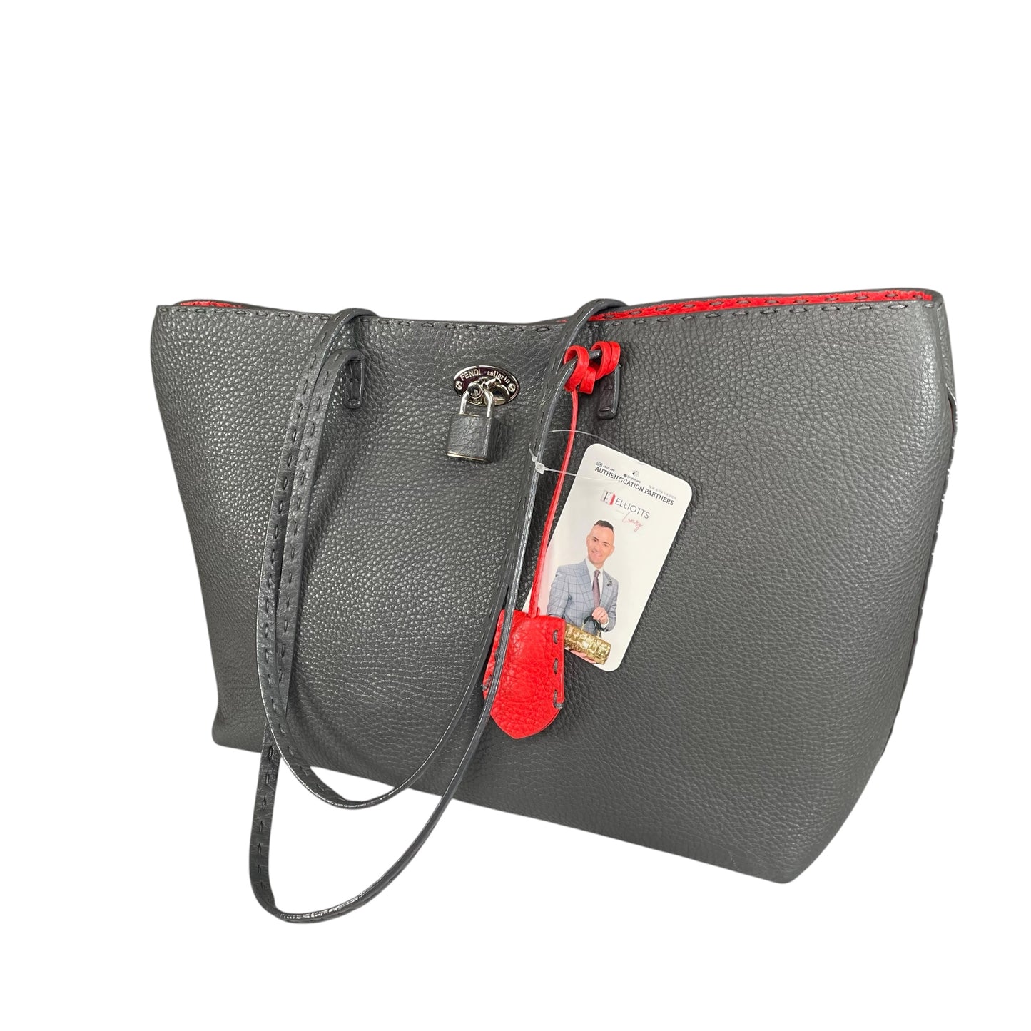Fendi Selleria Grey / Red Sterling Silver  Pebbled Leather Lock Medium Tote
