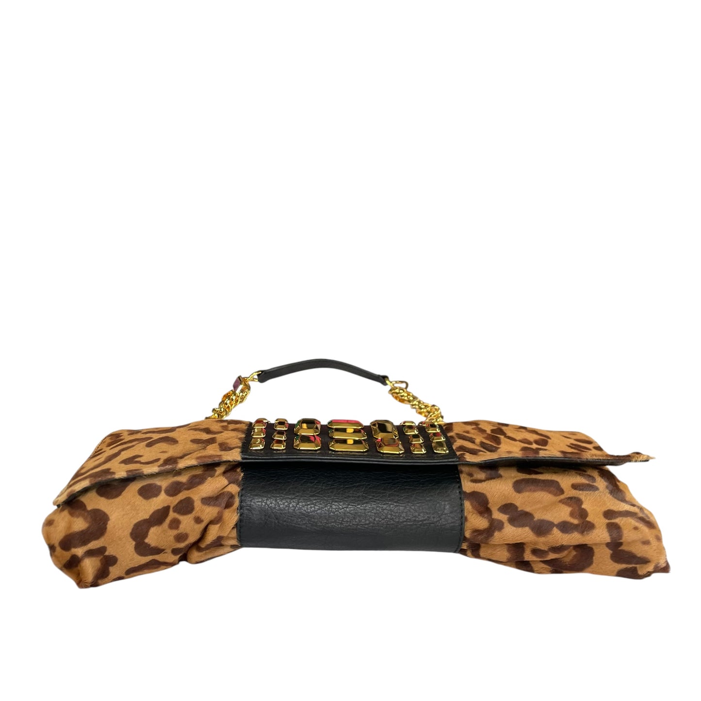 Valentino Leopard Pony Hair Studded GHW East-West Chain Shoulder Bag / Clutch