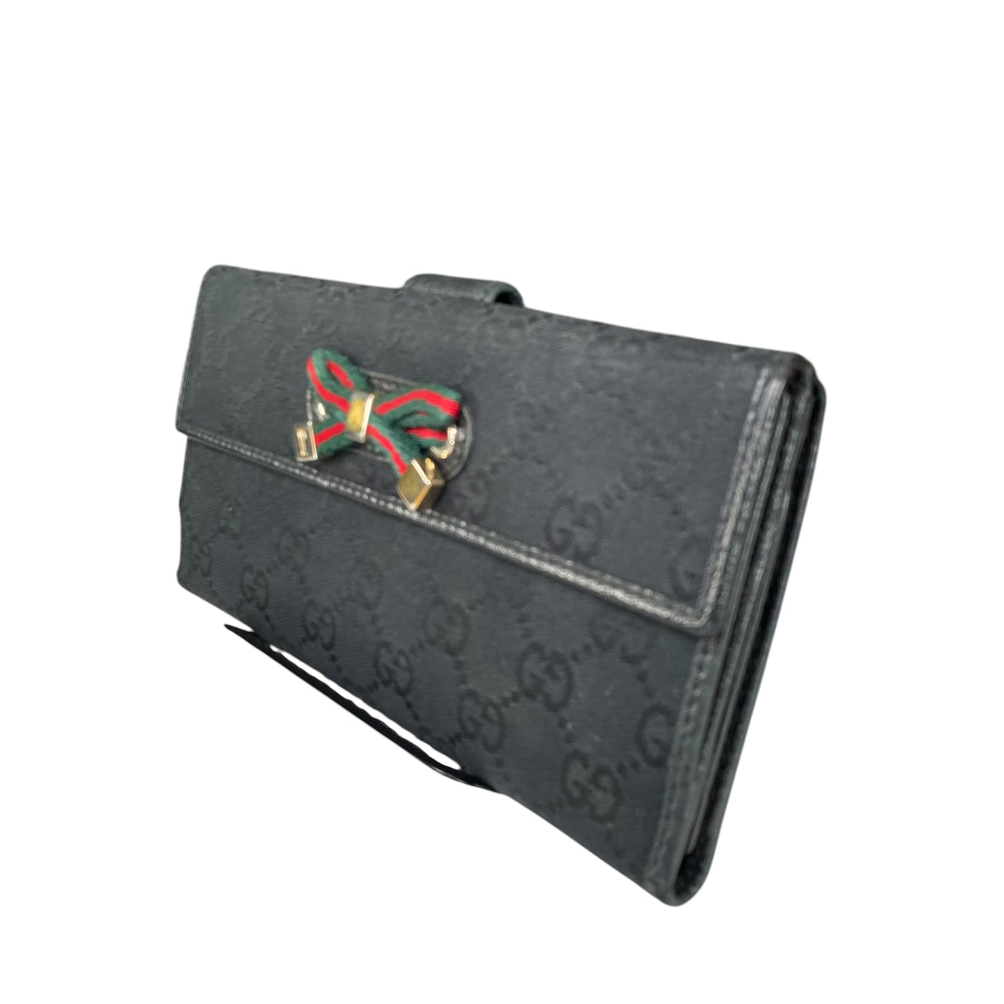 Gucci Princy GG Canvas Long Wallet Black Web Bow Clutch Vintage Checkbook