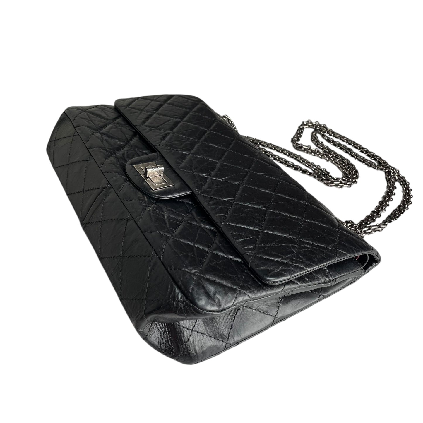Chanel CC 255 Re-Issue Large Black Aged Calf Gunmetal Hardware Double Flap Purse