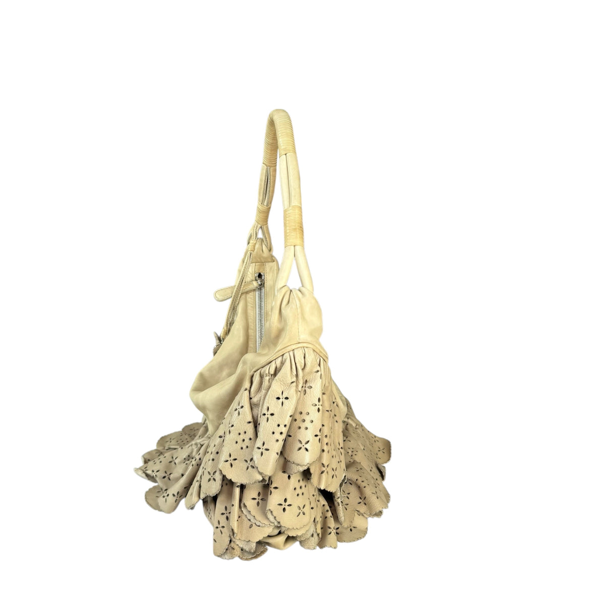 Christian Dior Bone Gypsy Ruffled Leather Perforated Hobo Bag