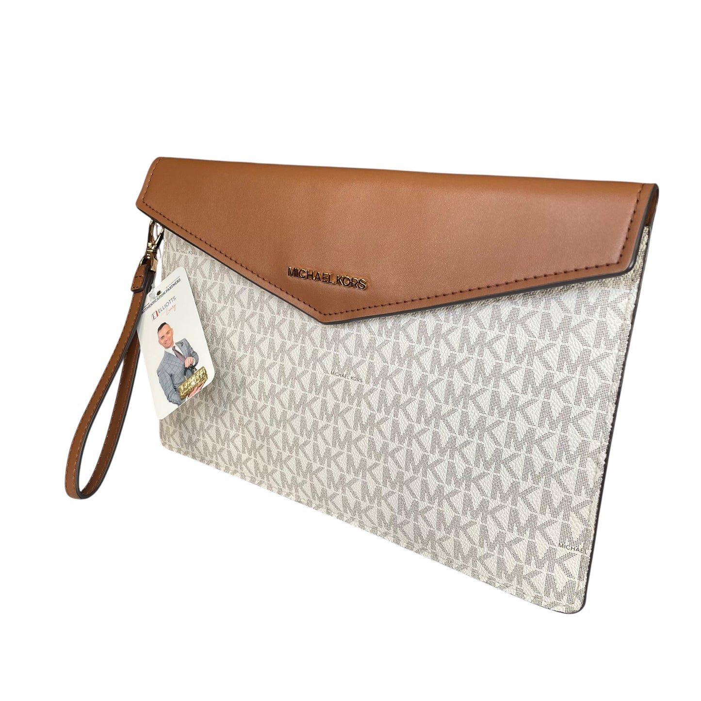Michael Kors Maisie Leather Brown White Canvas GHW XL Envelope Clutch Wristlet