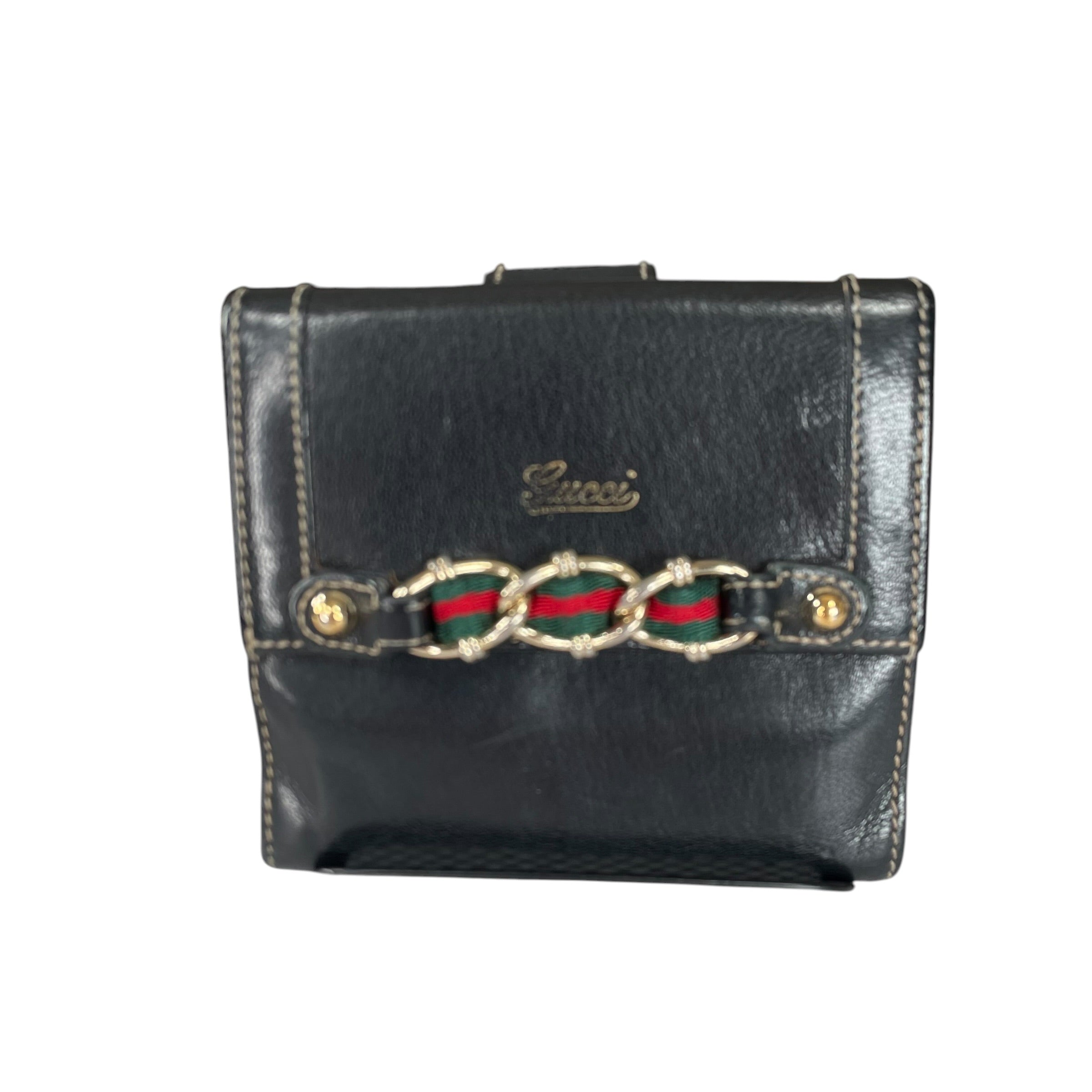 Gucci Capri Wallet Black Leather Web Horsebit Compact Wallet