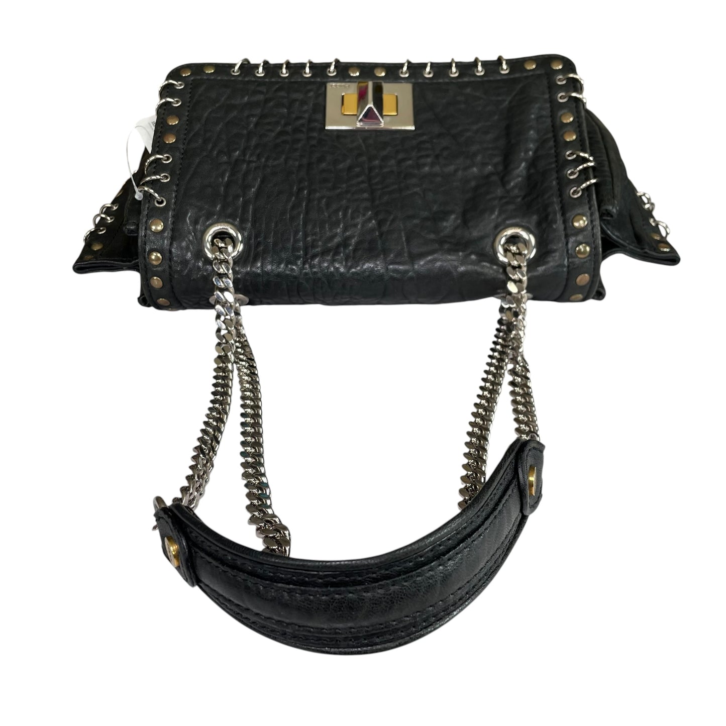 Emilio Pucci Pierced Studded Flap Black Aged Cowhide Silver Gold 2-Way Shoulder Bag