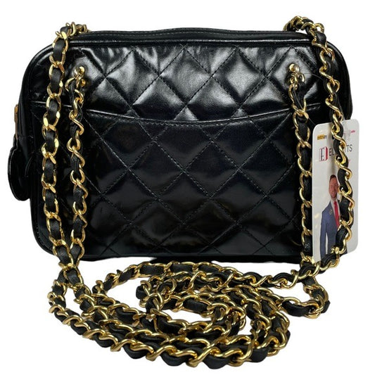 Chanel Black Lambskin Quilted Shoulder Dual Strap 24K Plated Zip Small Purse