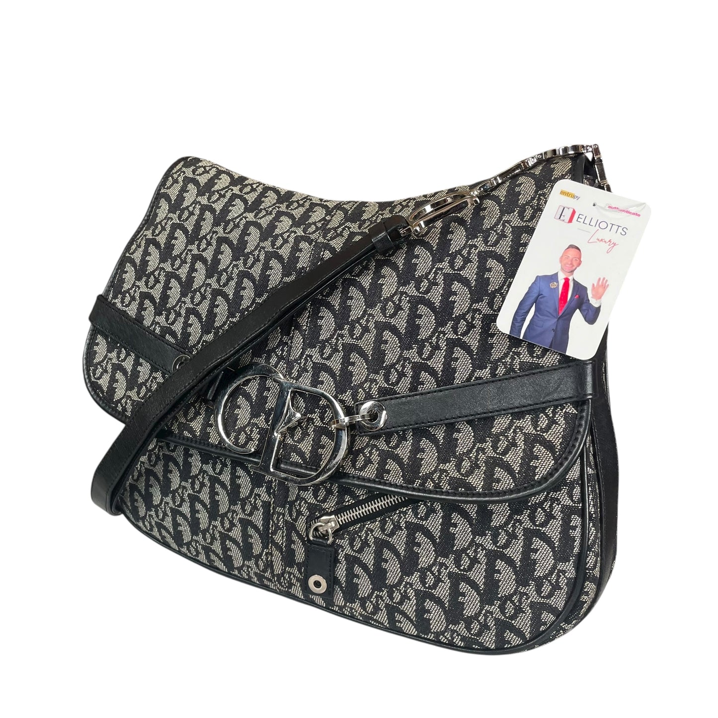 Christian Dior Oblique SHW Black Leather Canvas Trotter Monogram Crossbody 2 Way Shoulder Messenger Purse