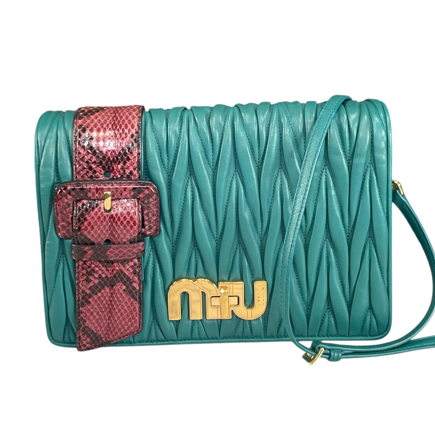 Miu Miu Delice Teal Matelasse Python Embossed Nappa Leather GHW Crossbody Flap Purse