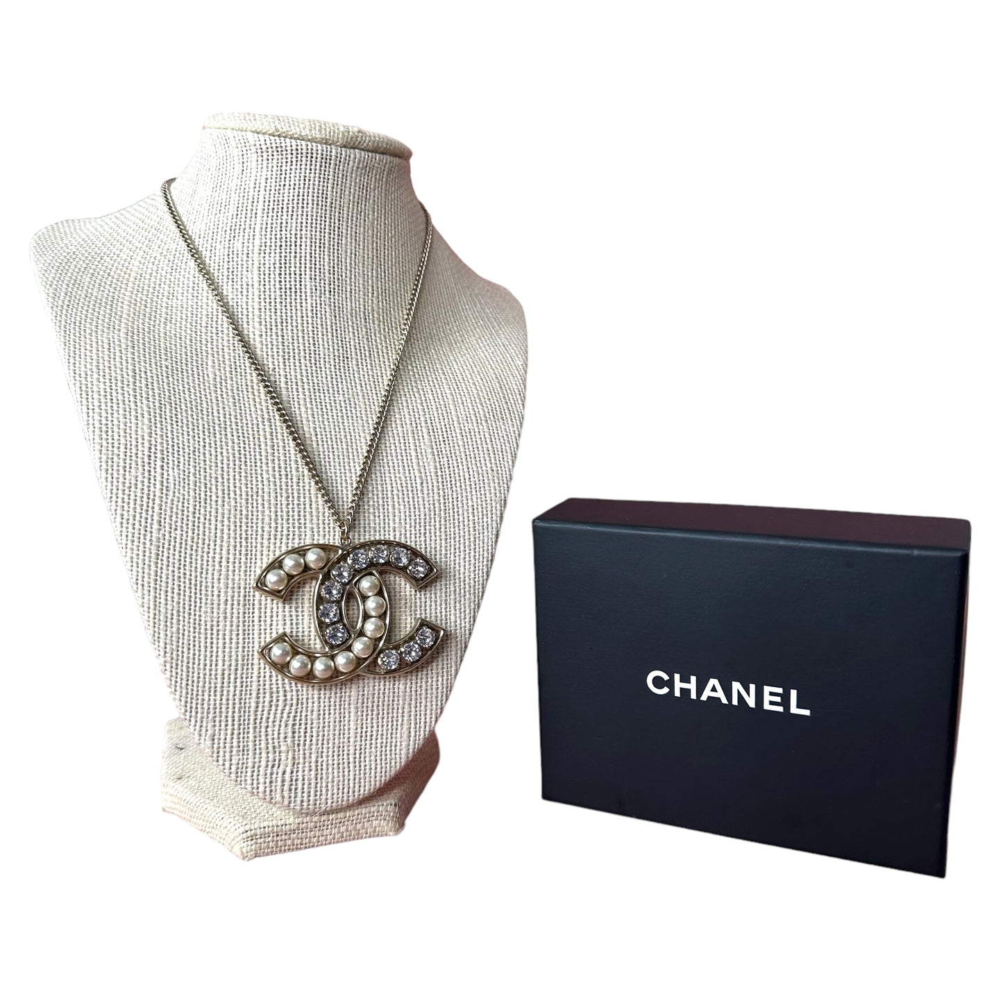 Chanel CC XL Rhinestone Gold Plated Faux Pearl Necklace & Pendant 24”