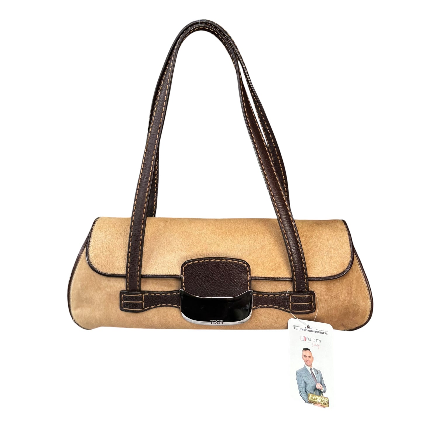 Tod’s Fawn Hair Calf Pony Brown Leather Baguette Shoulder Purse