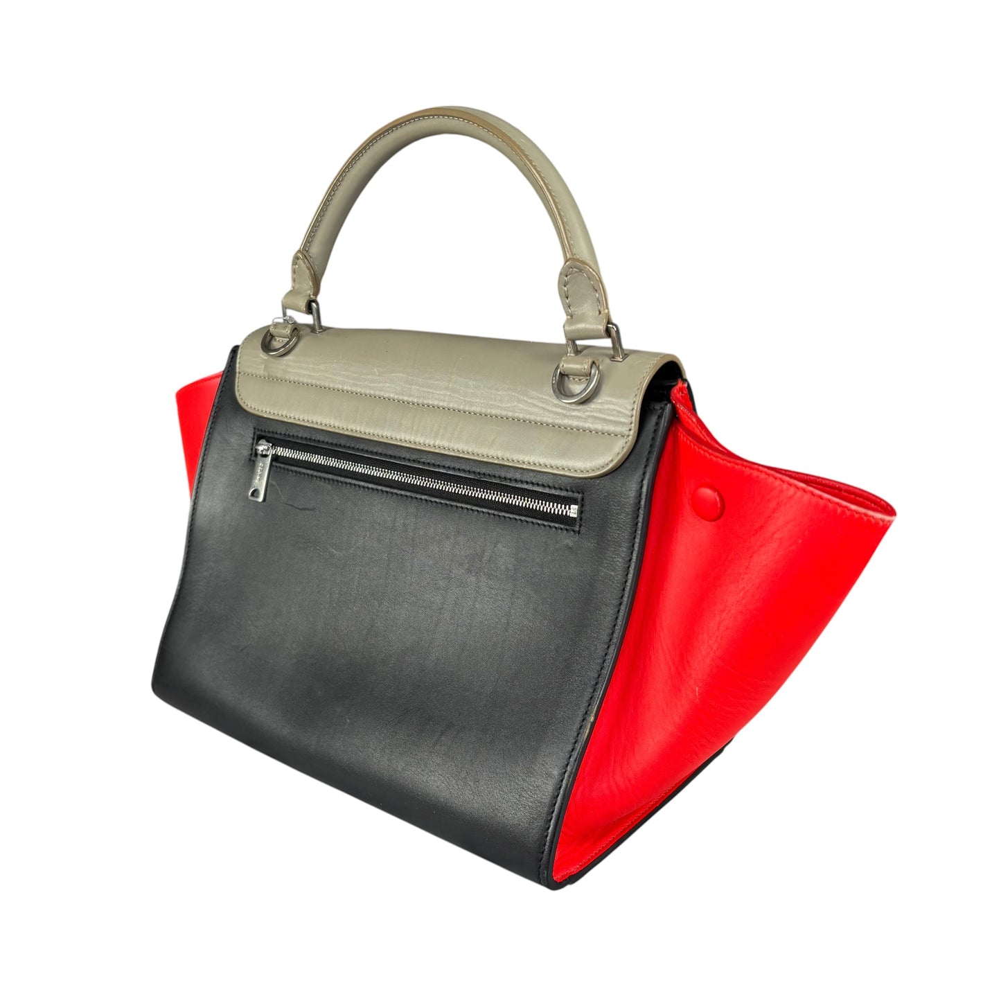 Celine Trapeze Tri-Color Red Black Grey Turn-Lock Top Handle Purse