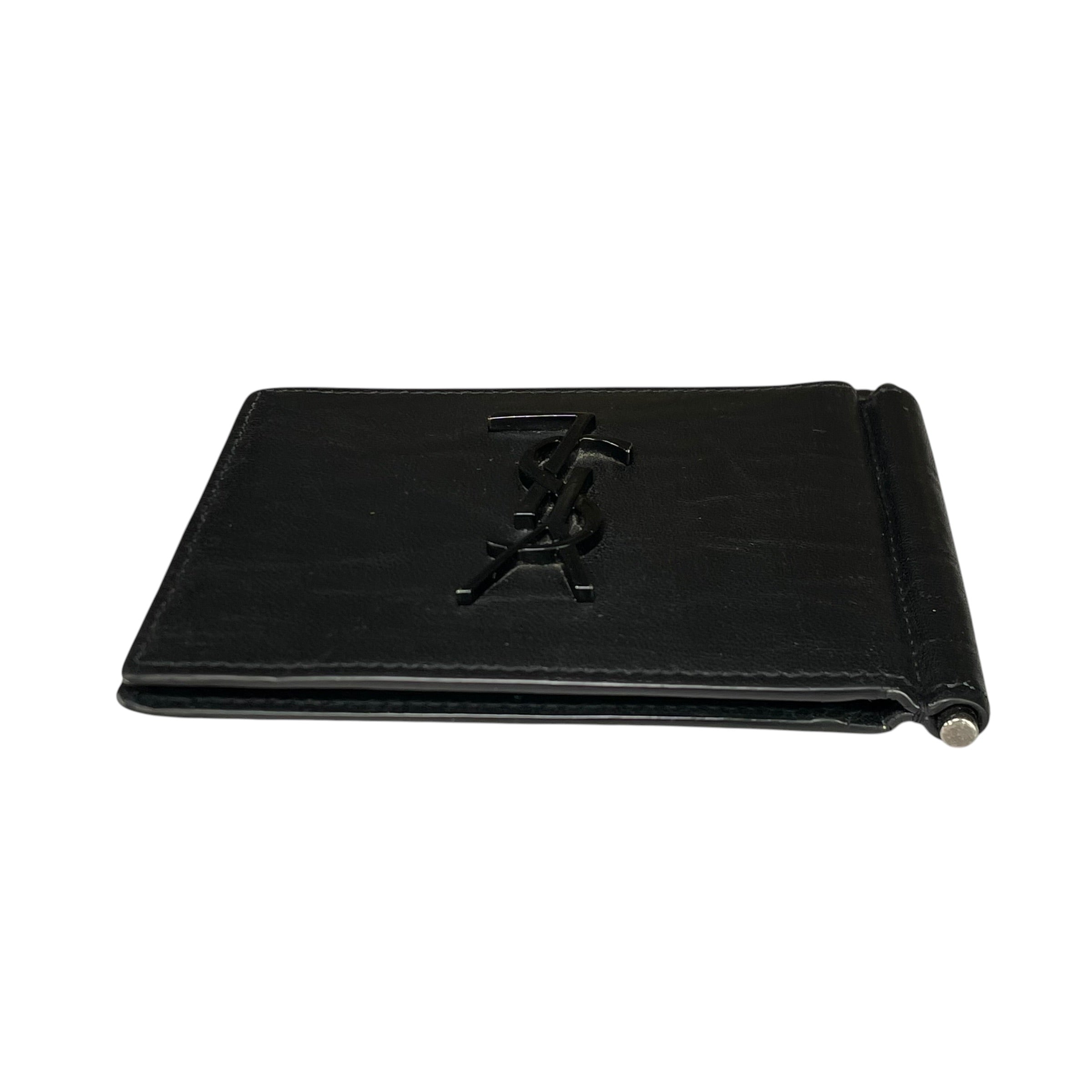 YSL Mens Black Croc Embossed Clip Cash Card Bi Fold Wallet
