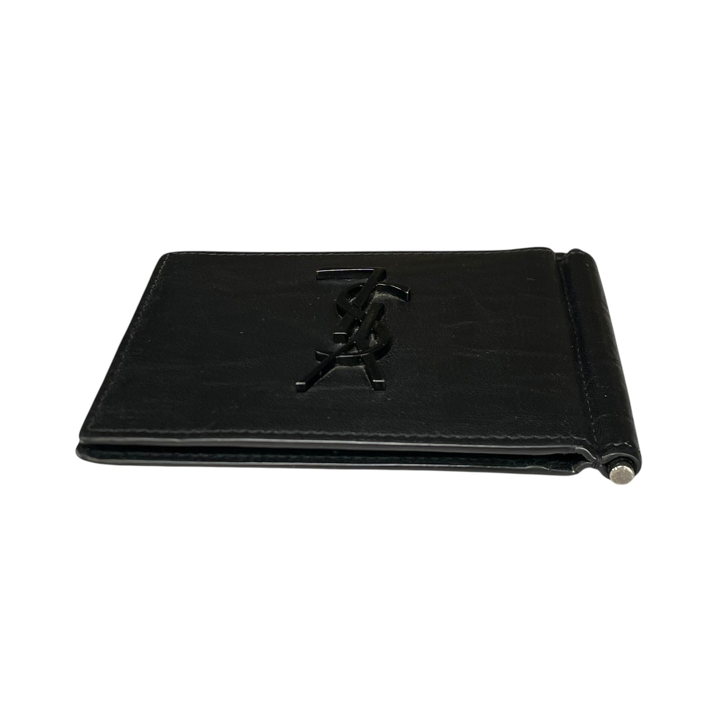 YSL Mens Black Croc Embossed Clip Cash Card Bi Fold Wallet