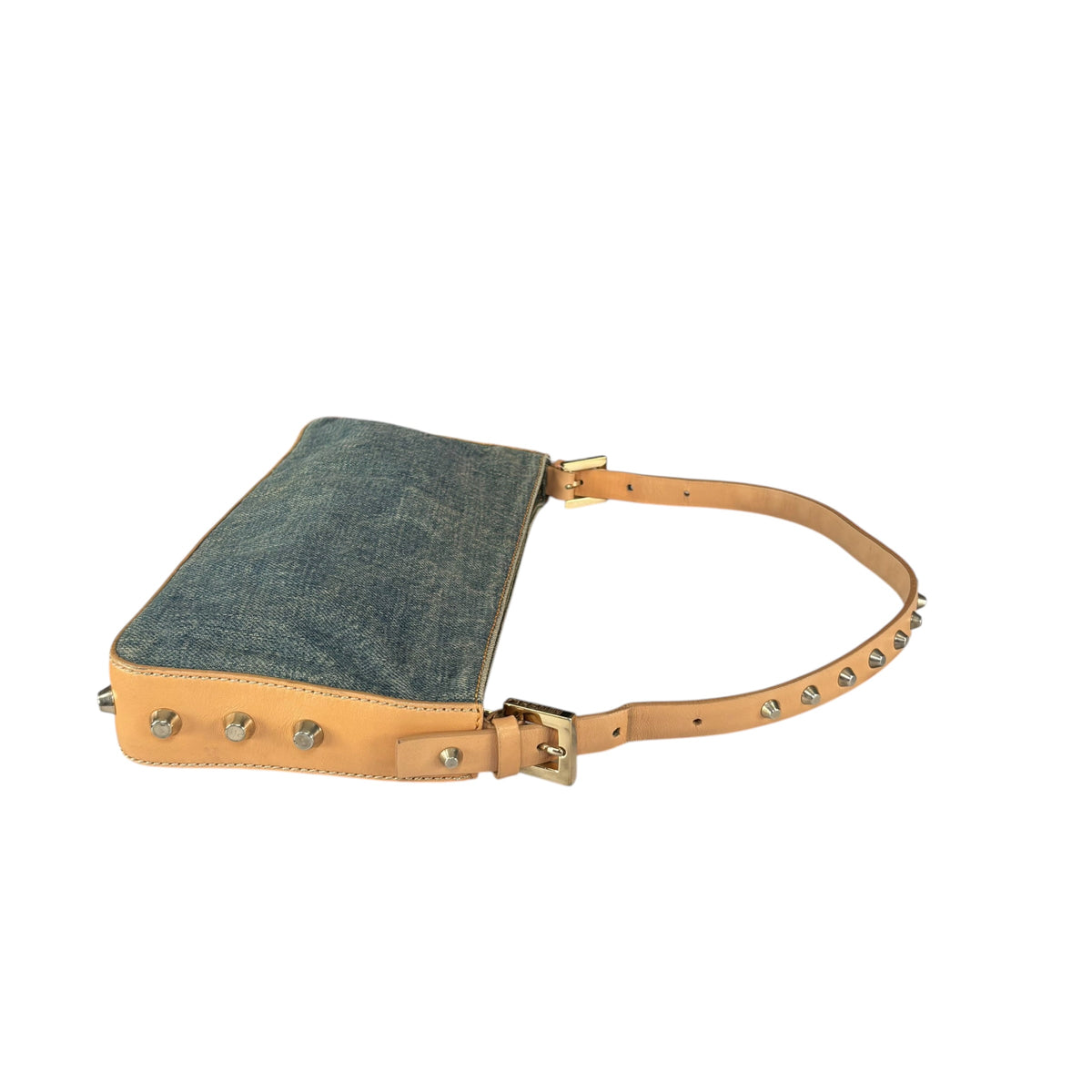 Fendi Y2K Baguette GHW Denim Studded Tan Leather Shoulder Purse