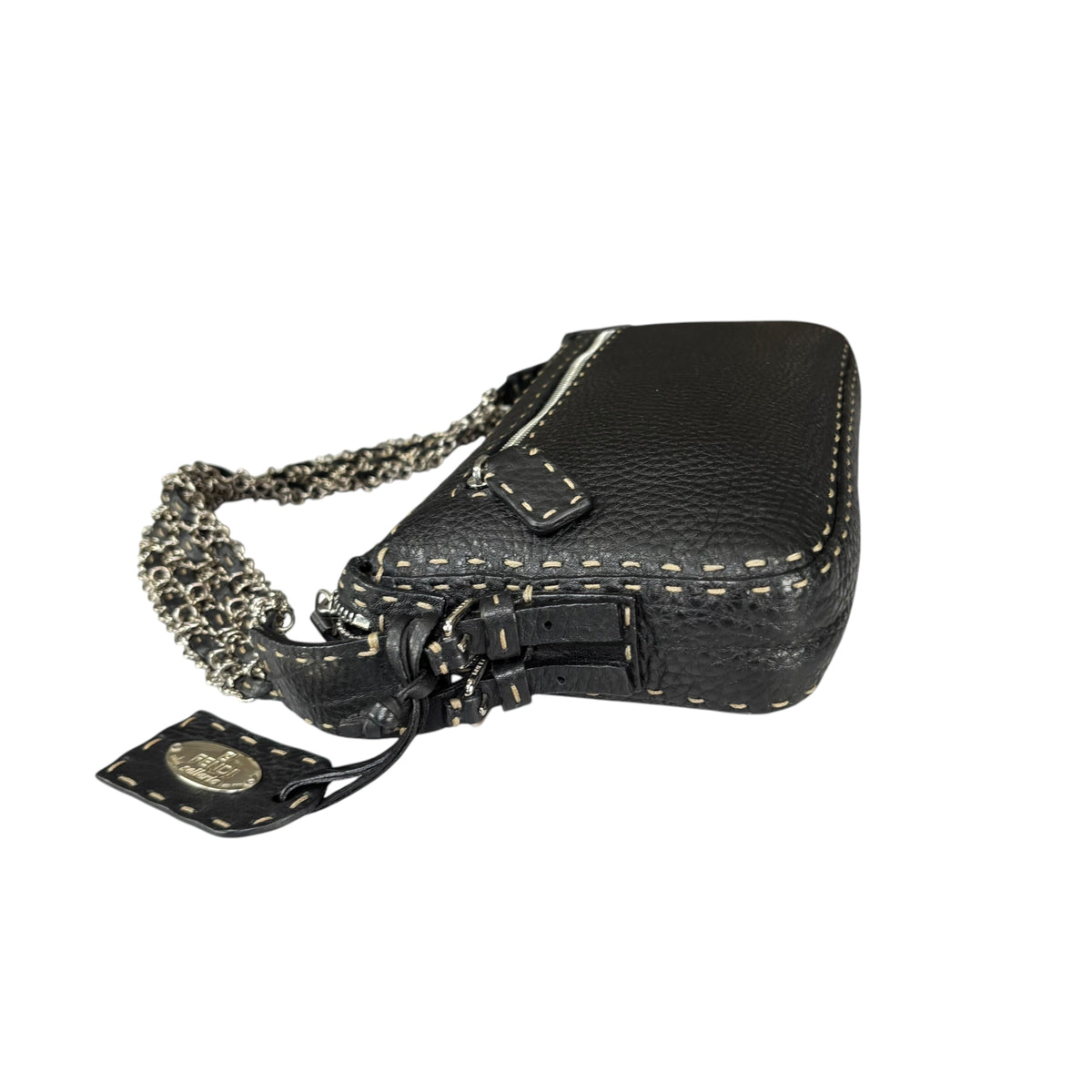 Fendi Selleria Baguette Black Leather Sterling Mesh Chain Purse