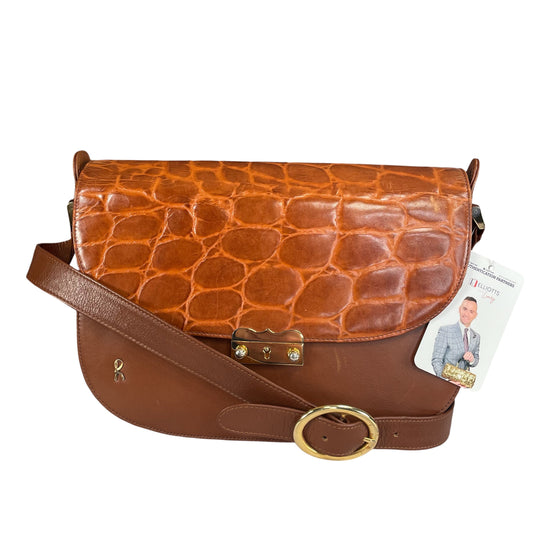 Roberta Di Camerino Croc Embossed Brown Leather GHW Shoulder Flap Purse