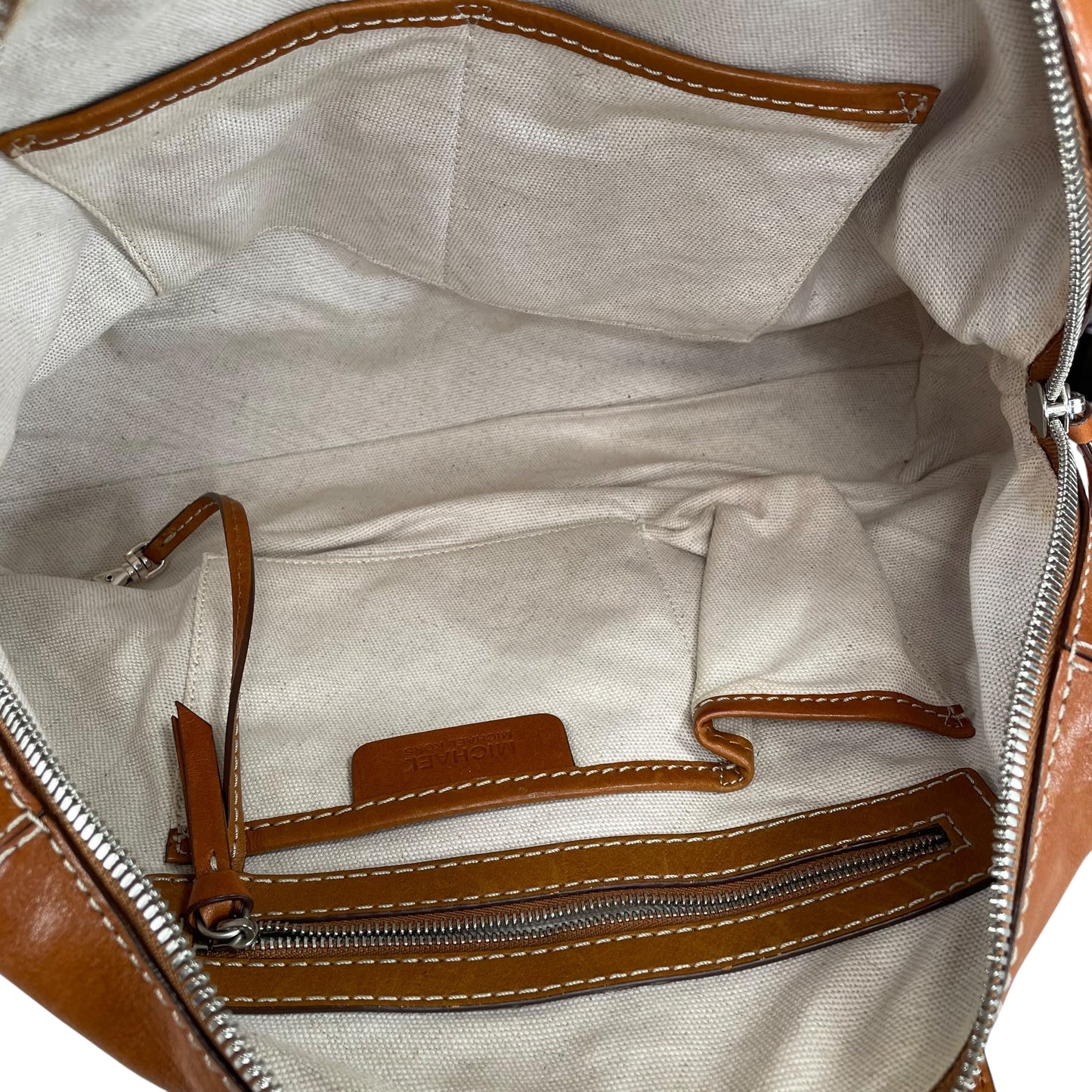 Michael Kors Astor Studded Equestrian SHW Distressed Tan Leather Satchel