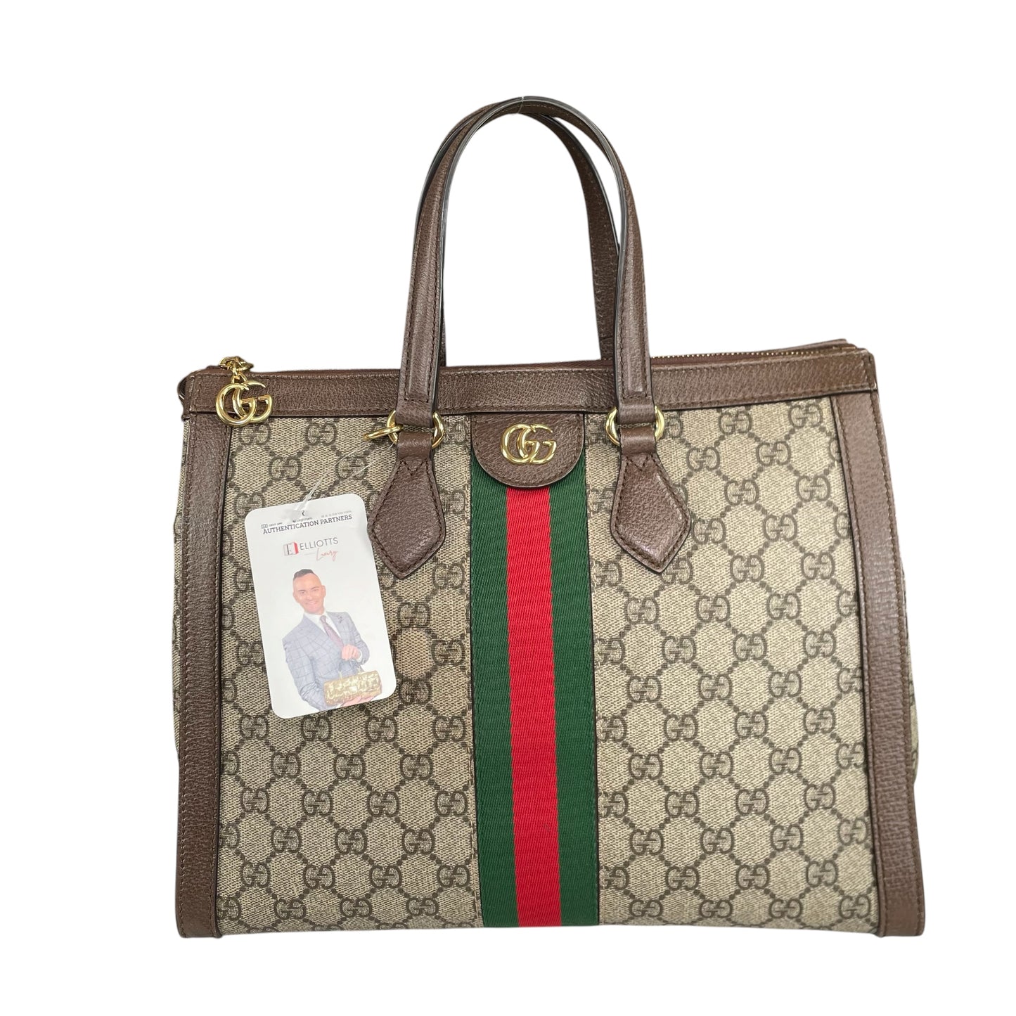 Gucci GG Ophidia GHW Leather Supreme Brown Canvas Crossbody Medium 2-Way Tote