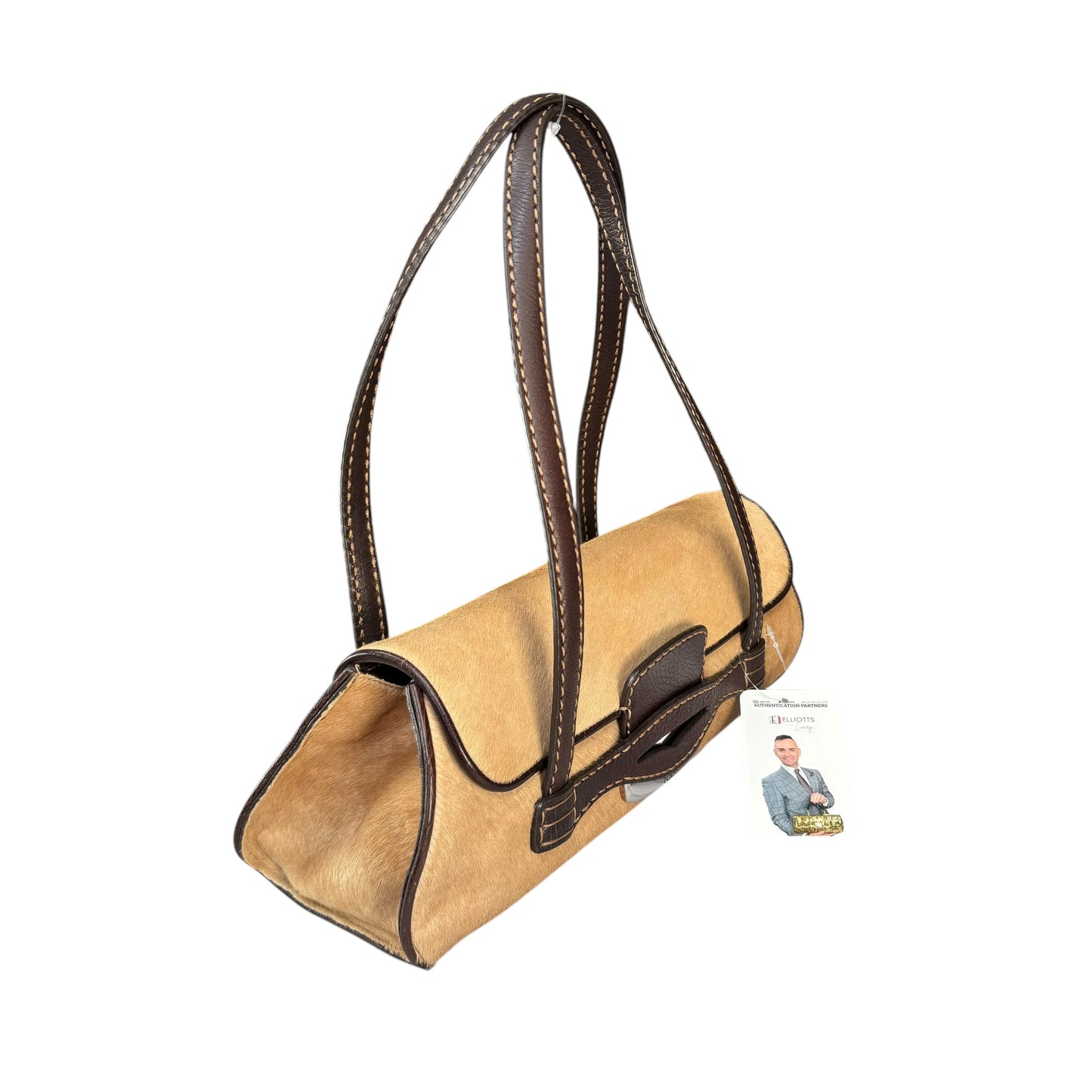 Tod’s Fawn Hair Calf Pony Brown Leather Baguette Shoulder Purse
