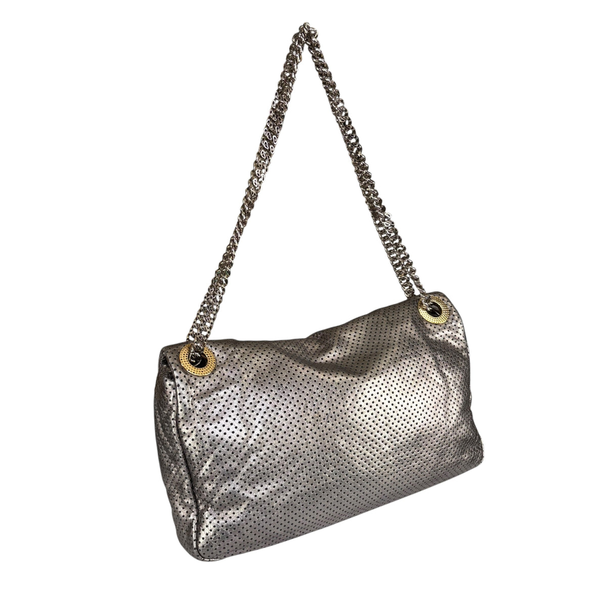Chanel 2.55 Drill Flap Pewter Metallic Lambskin Leather GHW Med Shoulder Purse