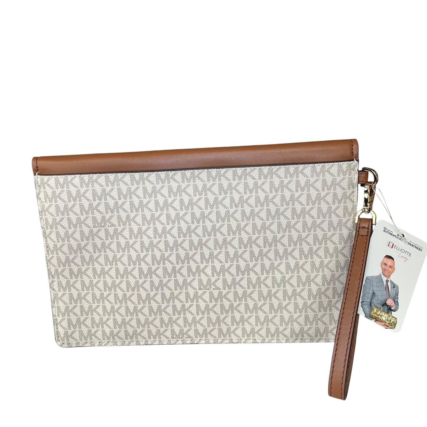 Michael Kors Maisie Leather Brown White Canvas GHW XL Envelope Clutch Wristlet