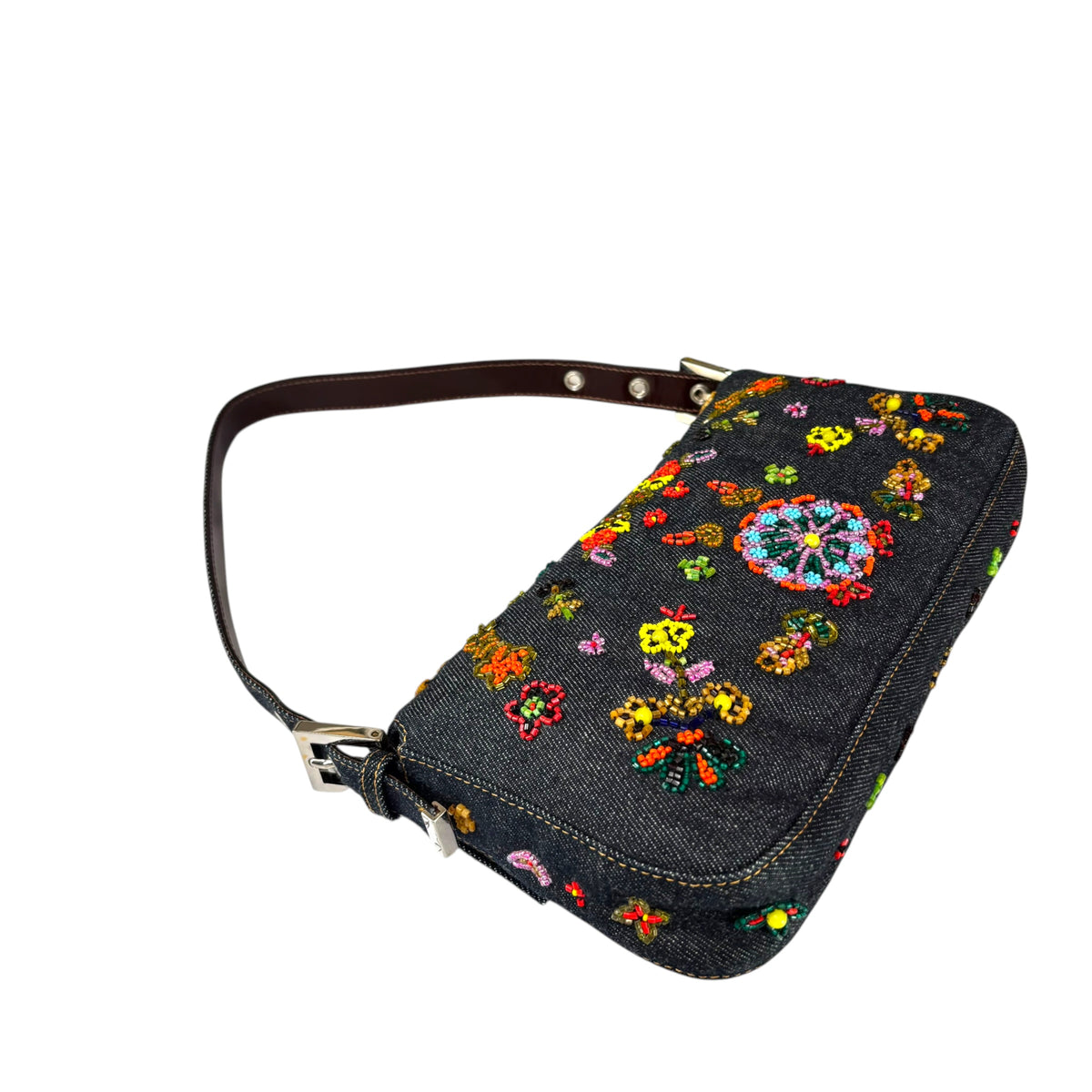Fendi Y2K Denim Classic Floral Beaded Baguette Shoulder Purse