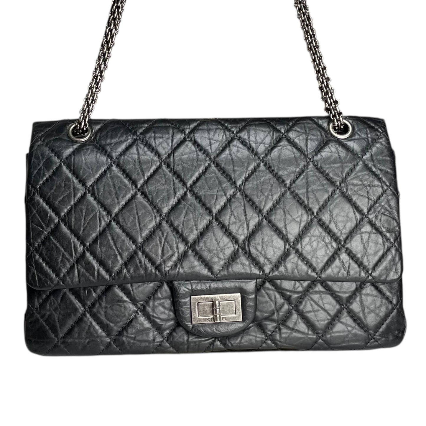 Chanel CC 255 Re-Issue Large Black Aged Calf Gunmetal Hardware Double Flap Purse