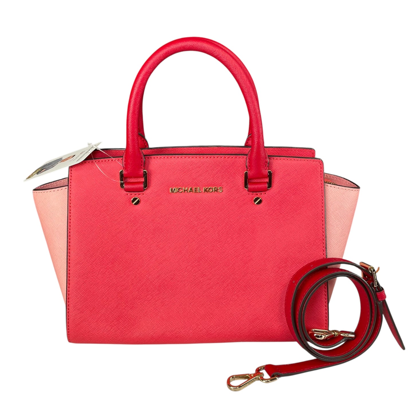 Michael Kors Selma Medium Satchel Pink Saffiano Leather Gold HW Crossbody Purse