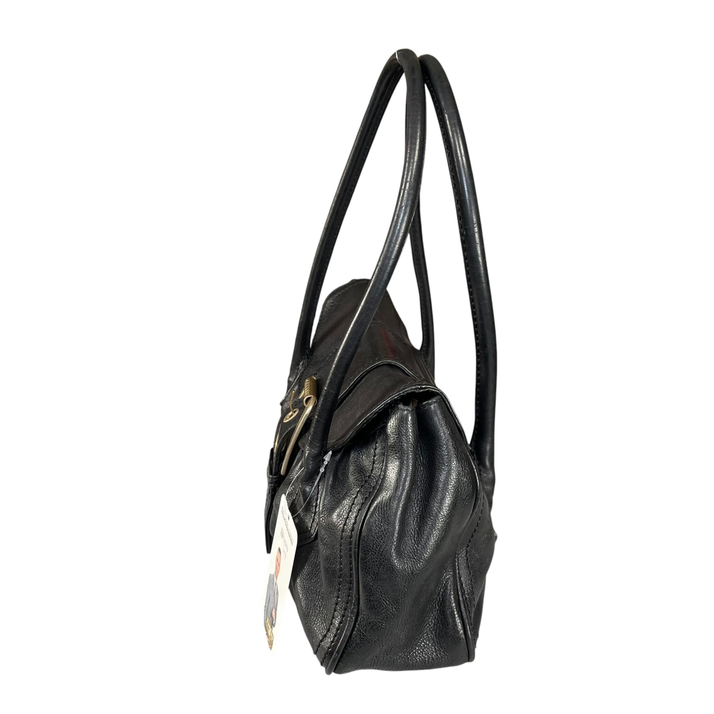 Celine Buckle Front Shoulder Black Leather Brushed Brass