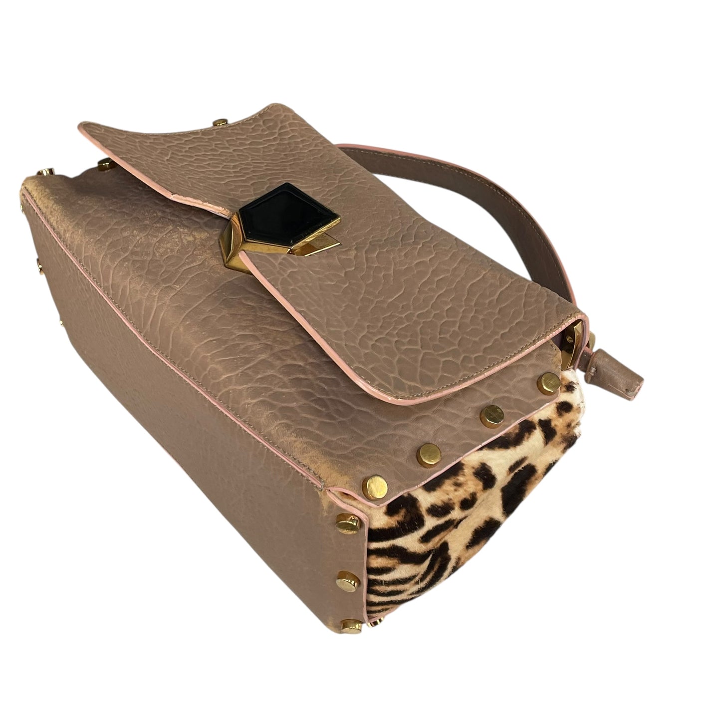 Jimmy Choo Lockett Two Way Bag Leopard Pony Hair Taupe Leather Gold HW Satchel