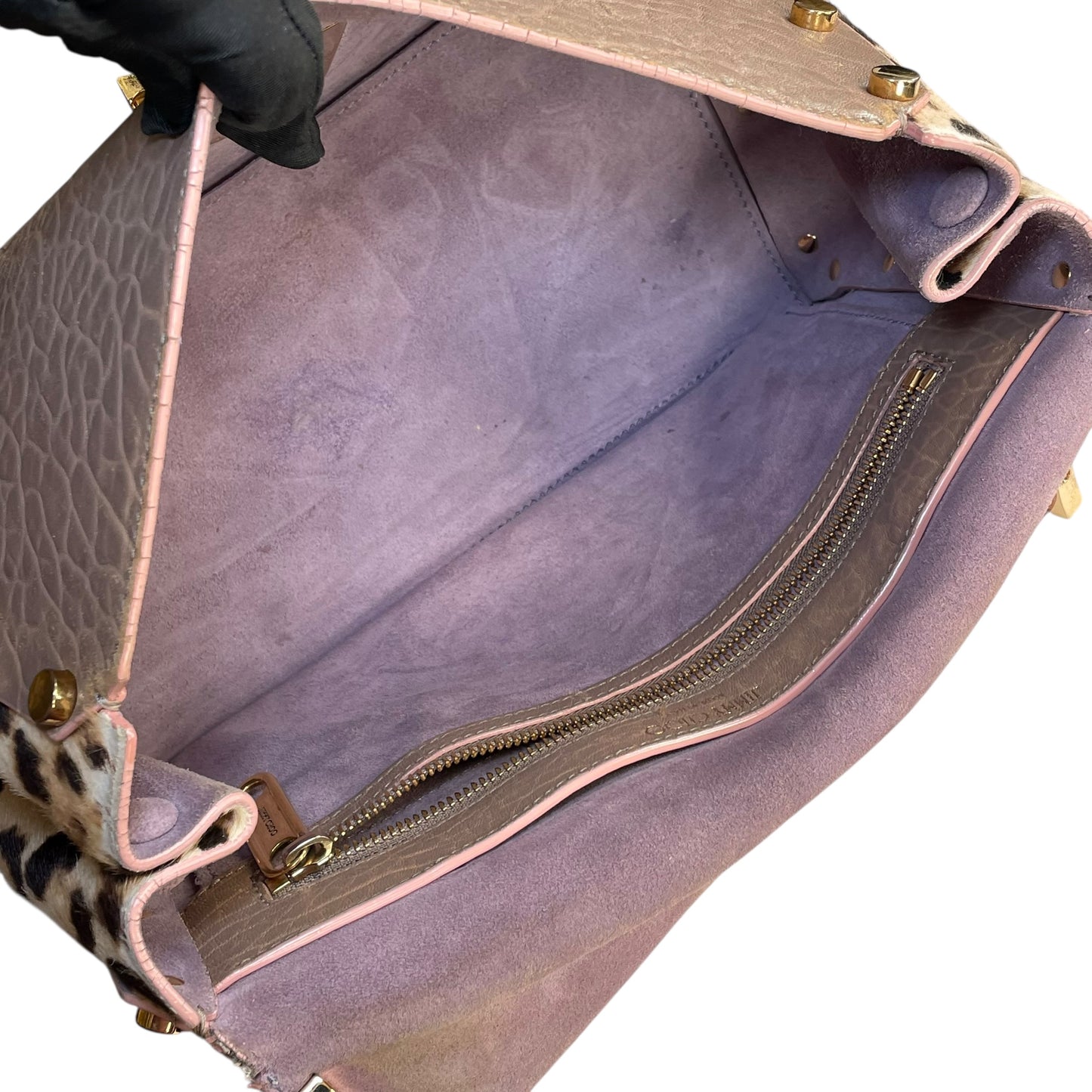 Jimmy Choo Lockett Two Way Bag Leopard Pony Hair Taupe Leather Gold HW Satchel