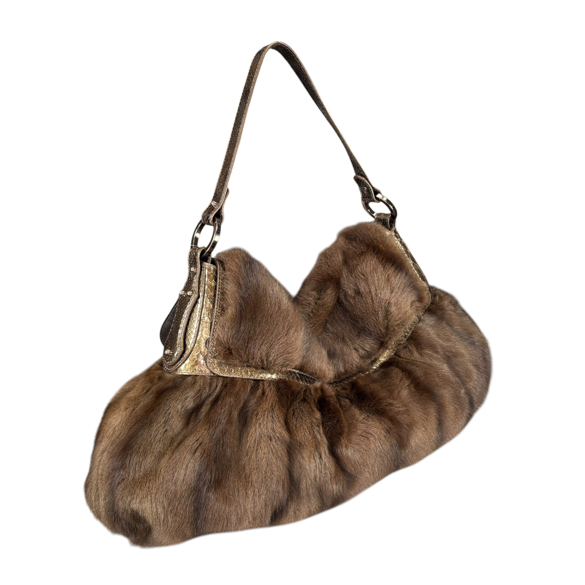 Fendi Y2K Chef Brown XL Rabbit Embossed Snake Metallic Leather Shoulder Purse