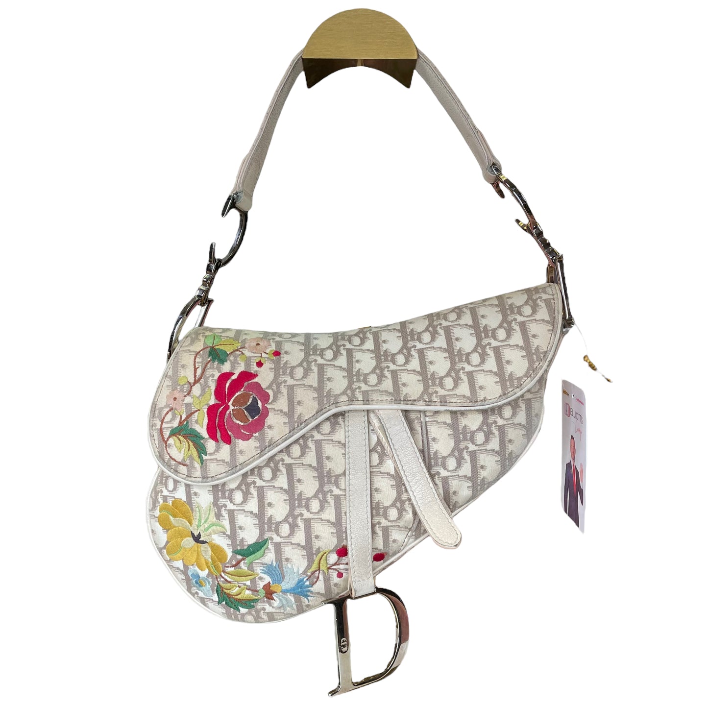 Christian Dior Saddle Oblique Bag Floral Embroidered Ivory Canvas Silver Hardware Purse