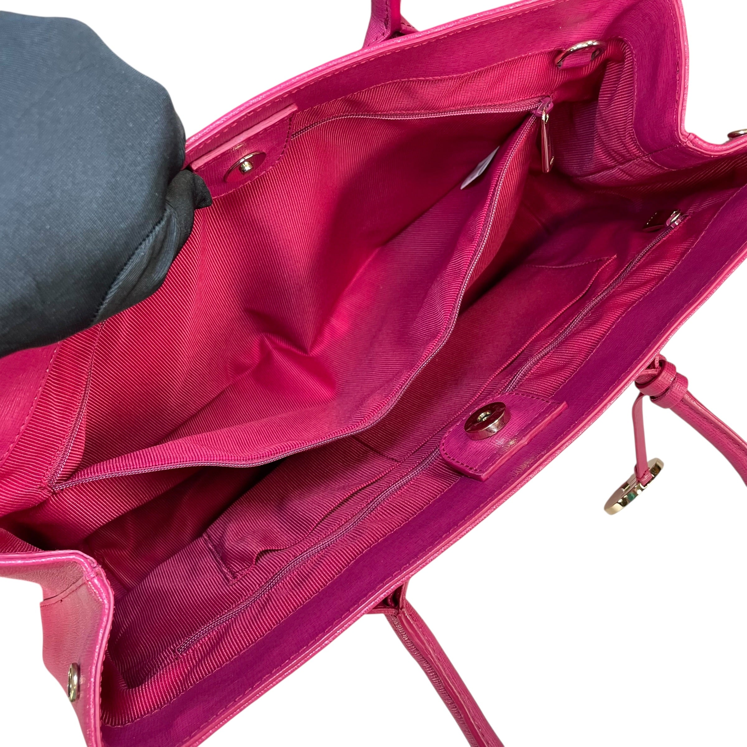 Furla Linda Magenta GHW Saffiano Leather Bucket Tote Purse