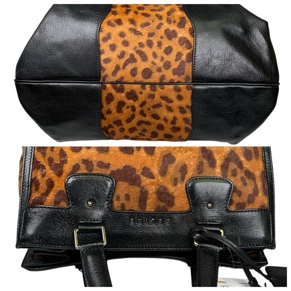 Celine Leather Satchel Trapezoid Black Pony Hair Cheetah Three File Large Tote