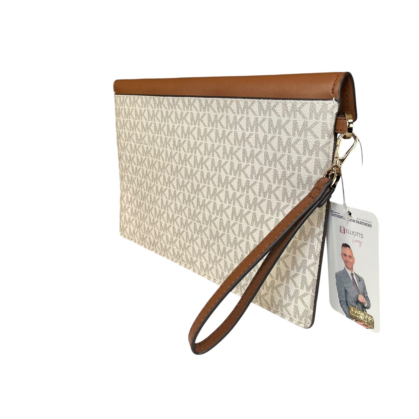Michael Kors Maisie Leather Brown White Canvas GHW XL Envelope Clutch Wristlet
