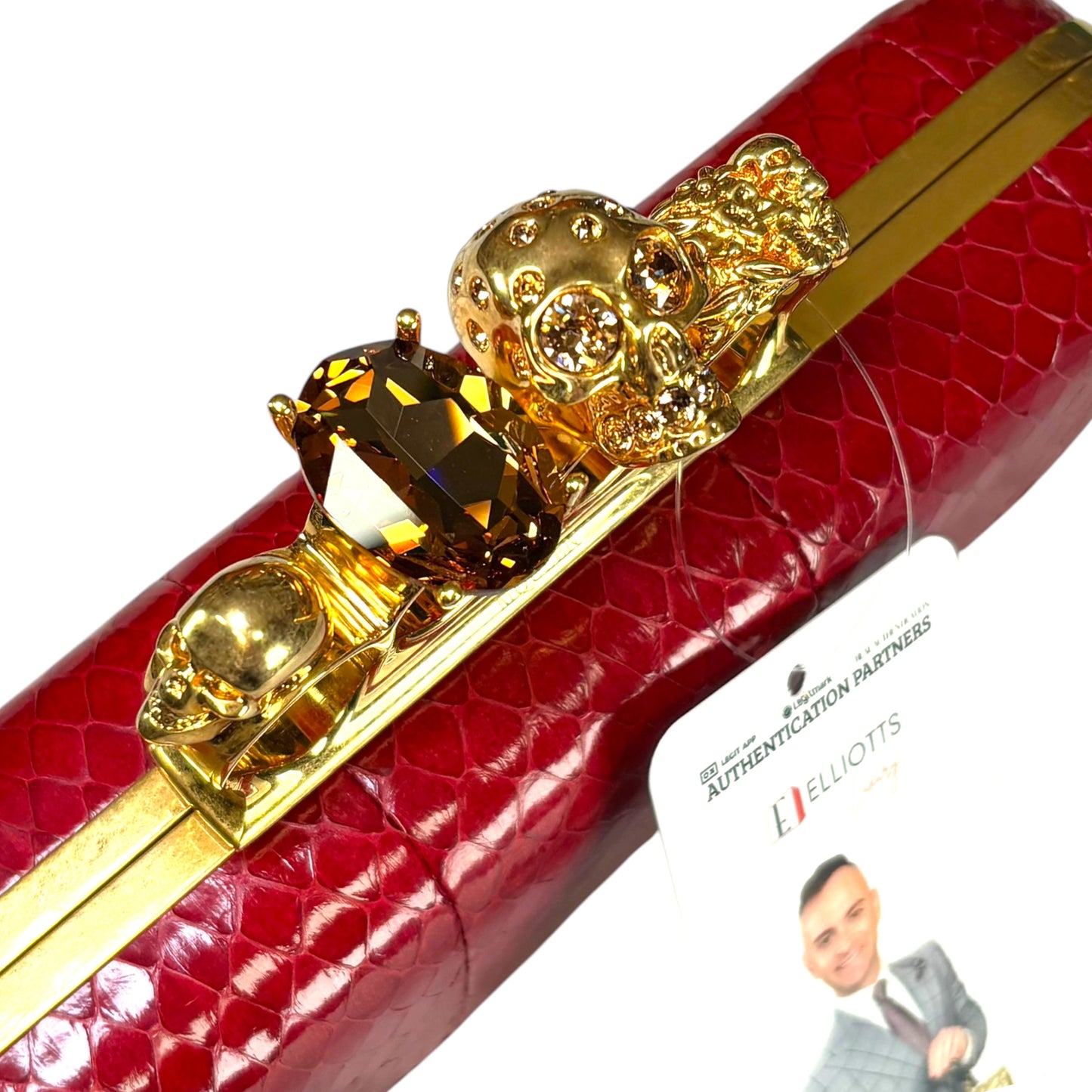 Alexander McQueen Ruby Red Embossed Leather Knuckle Clutch – Gold Rhinestone Skull Hardware