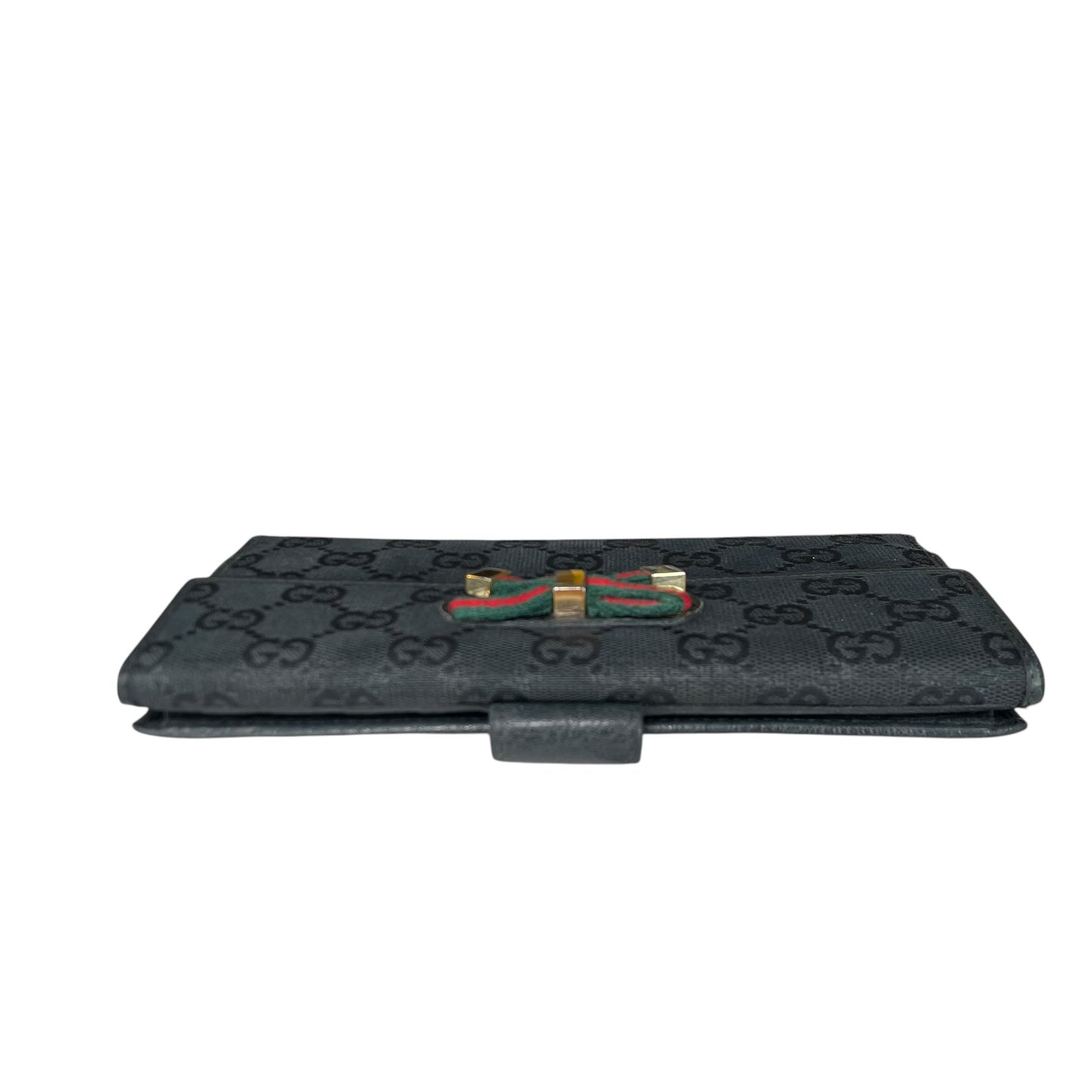 Gucci Princy GG Canvas Long Wallet Black Web Bow Clutch Vintage Checkbook