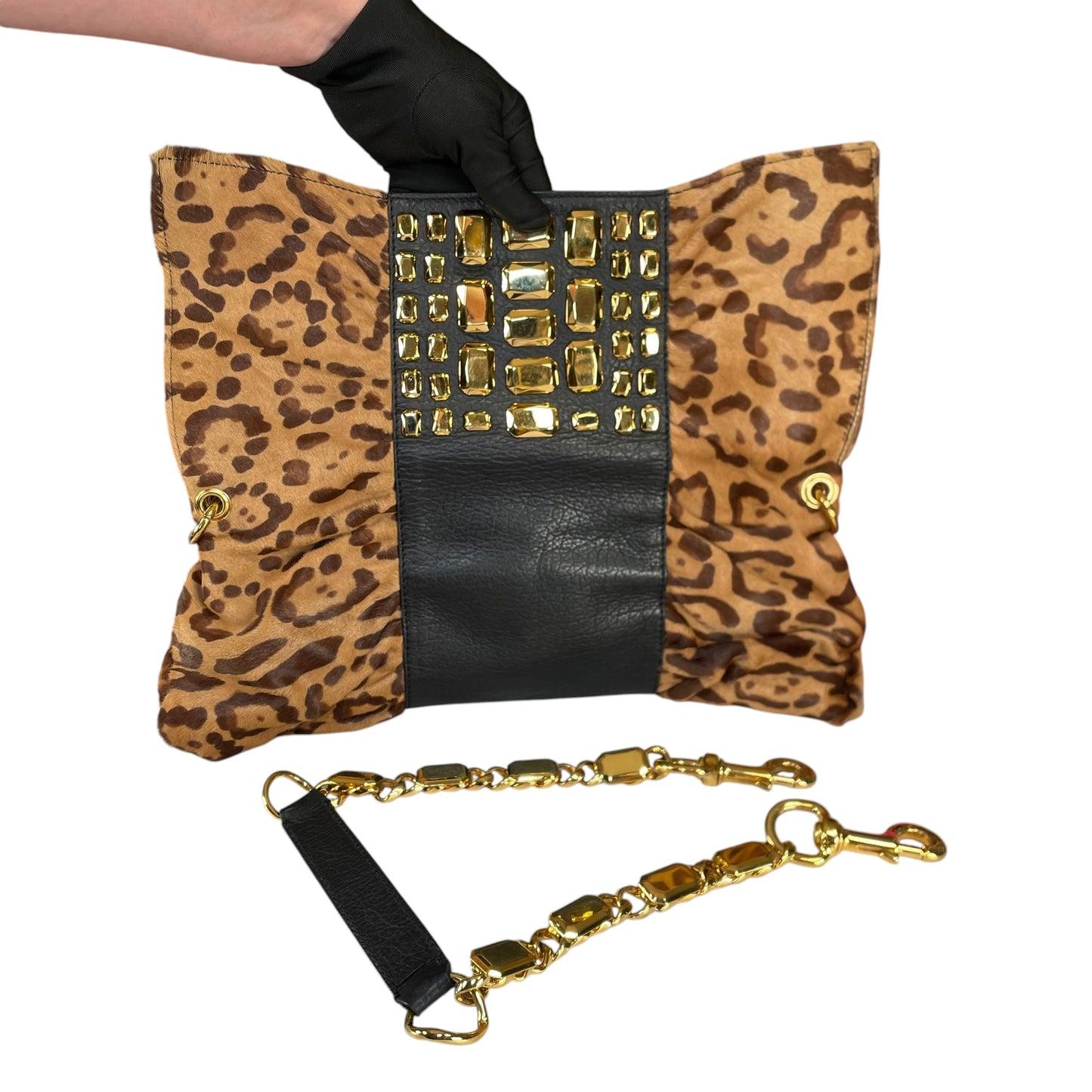 Valentino Leopard Pony Hair Studded GHW East-West Chain Shoulder Bag / Clutch