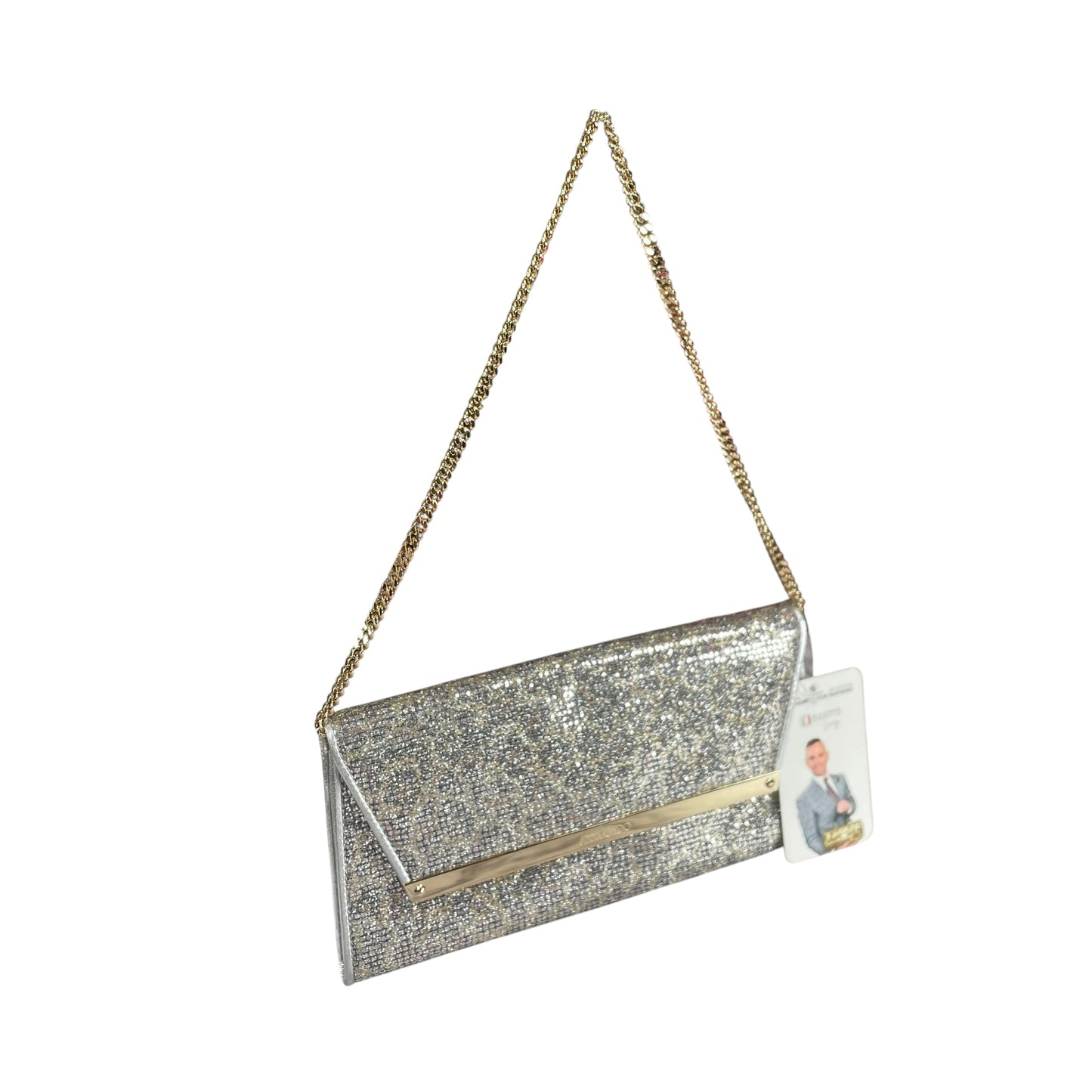Jimmy Choo Margot Metallic Glitter Silver Leather GHW Chain Clutch